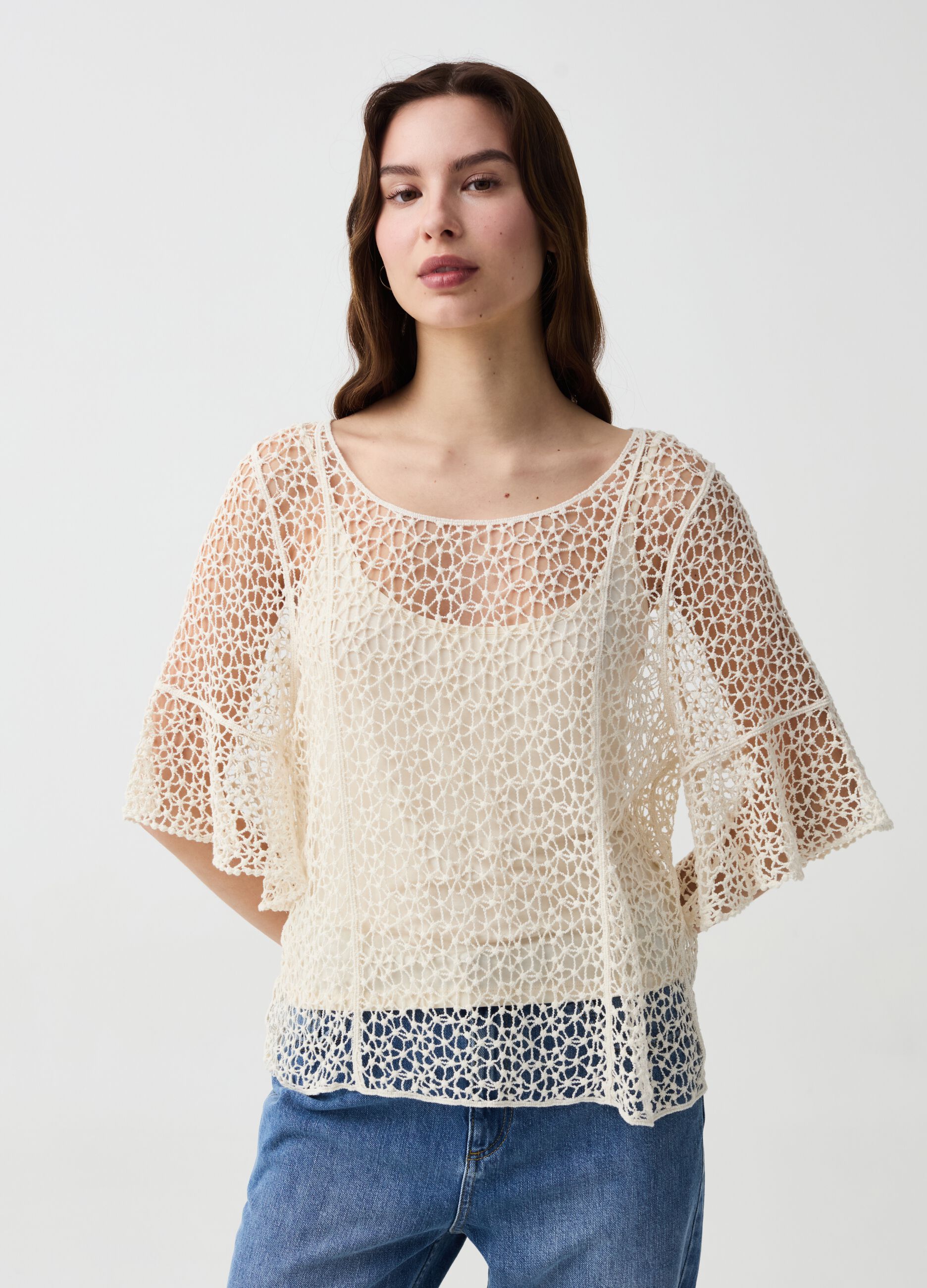 Crochet top with elbow-length sleeves