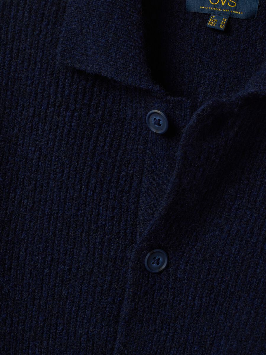 Navy blue stretch wool cardigan with polo collar_1