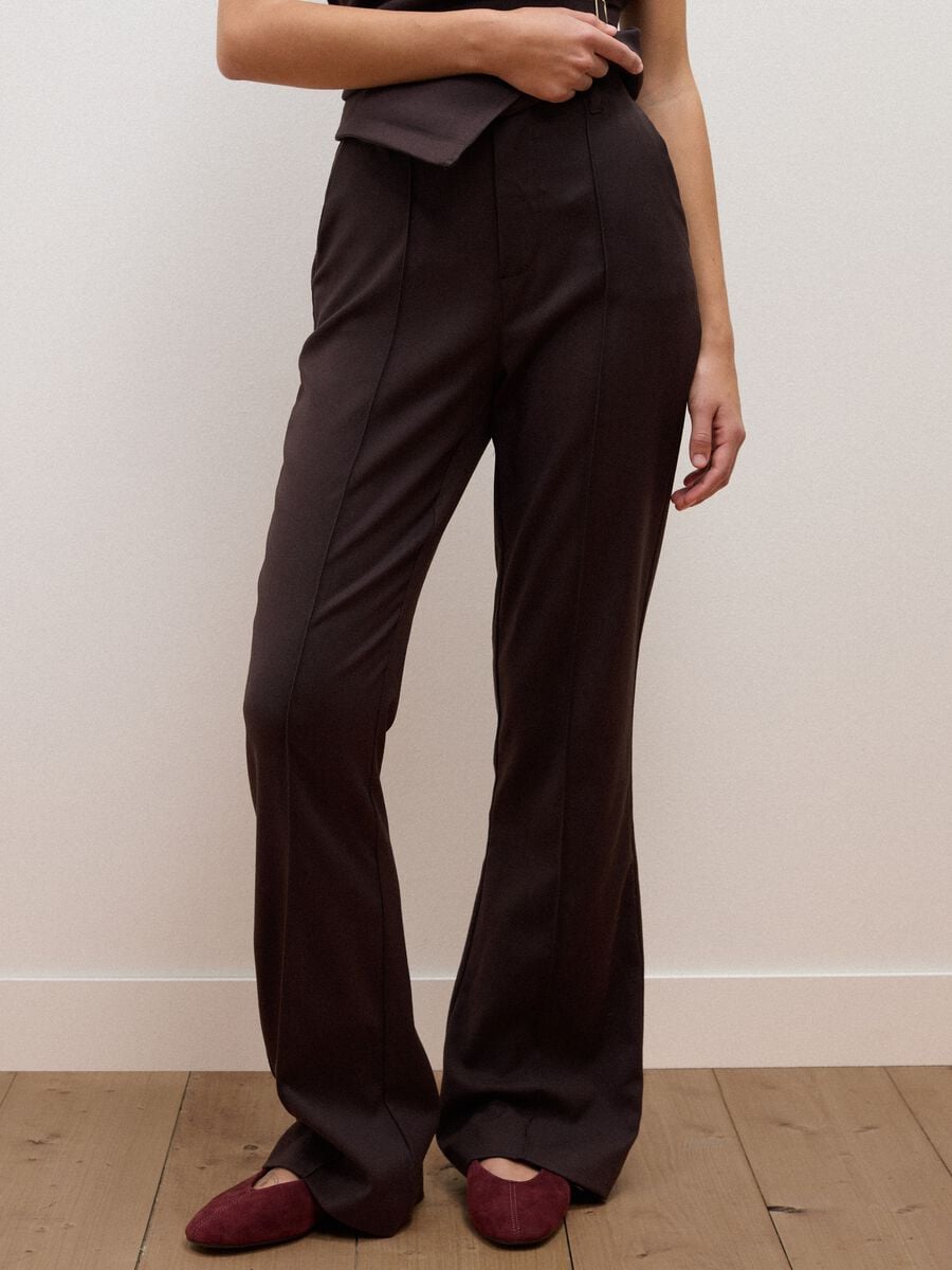 Brown Flared Formal Trousers in Stretch Viscose_1
