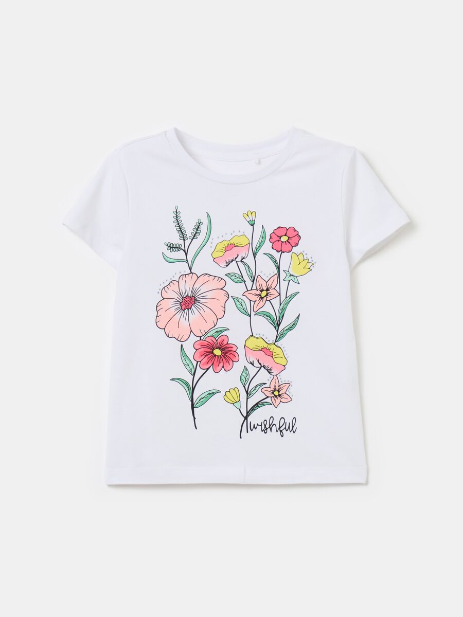 T-shirt con strass e stampa fiori_0