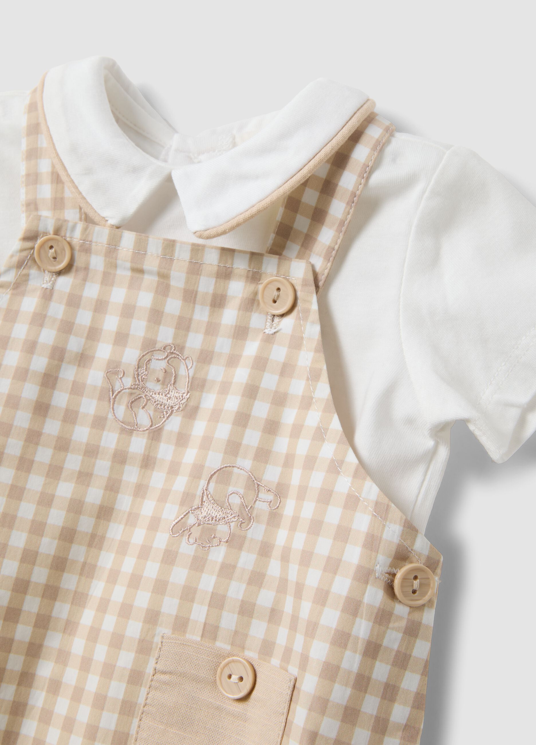 Beige organic cotton set with T-shirt and short dungarees