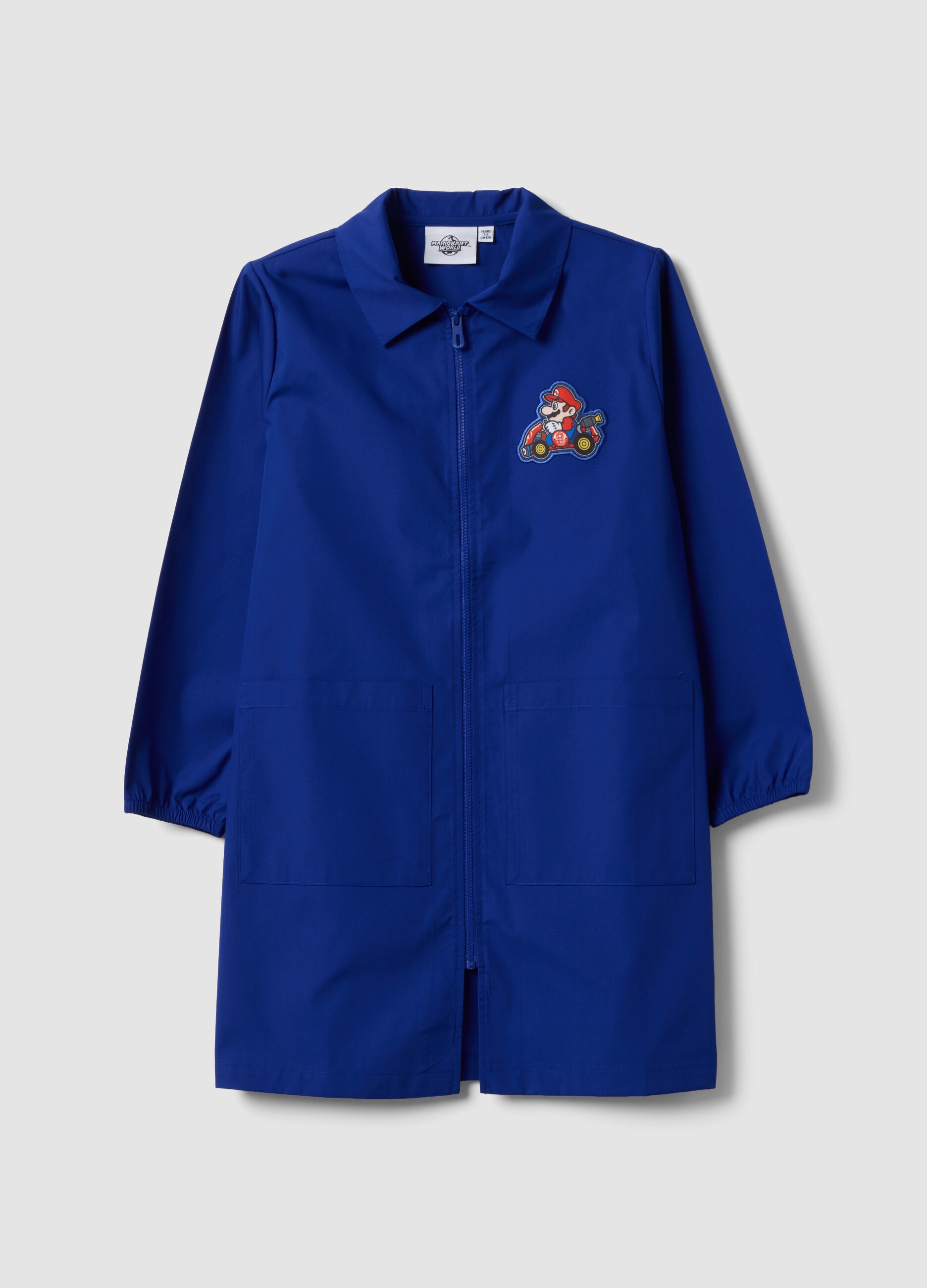 Blue boys&rsquo; school apron with zip and Mario Kart embroidery