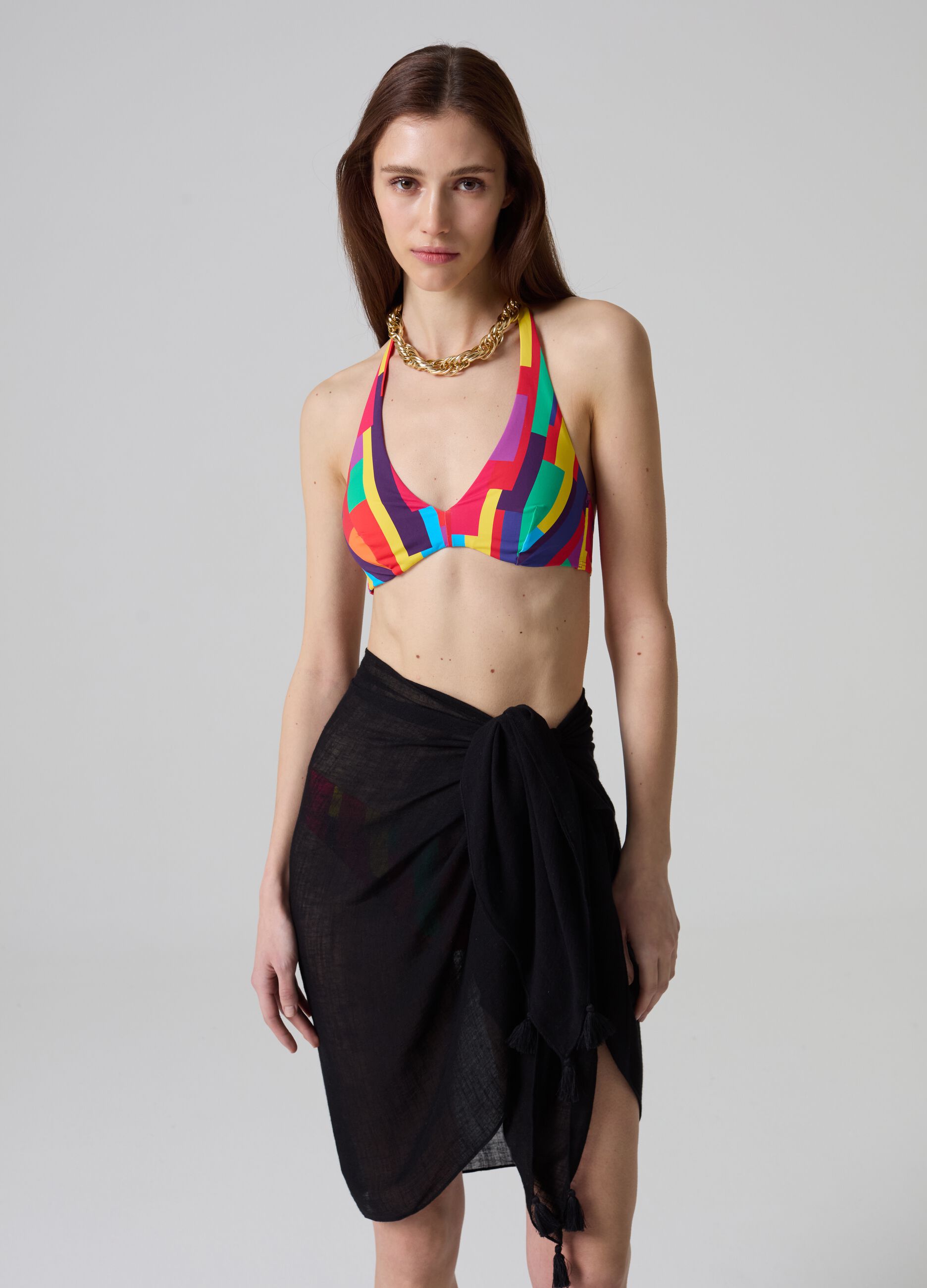 Triangle bikini top with multi-color print