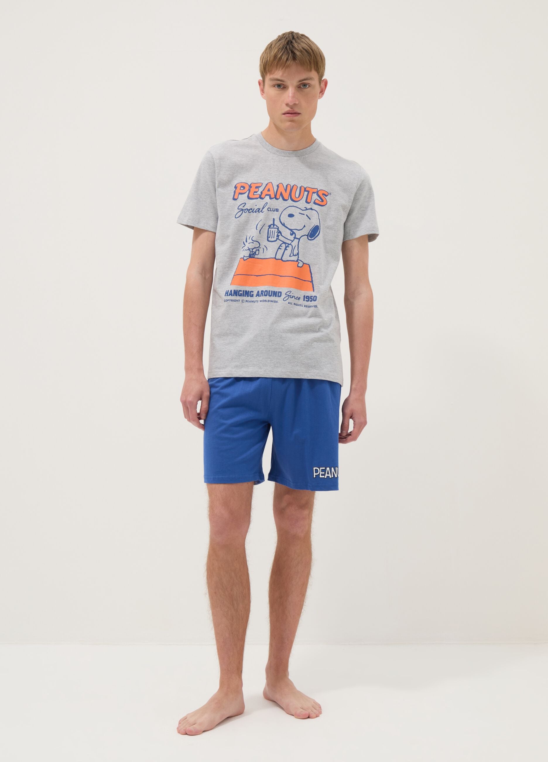 Men's grey short cotton pyjama set with Peanuts print, regular fit