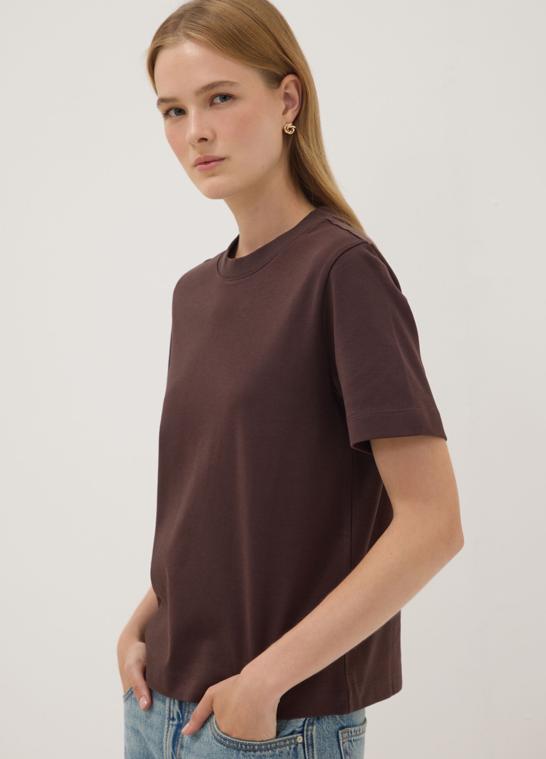 Brown relaxed-fit pure cotton short-sleeve T-shirt
