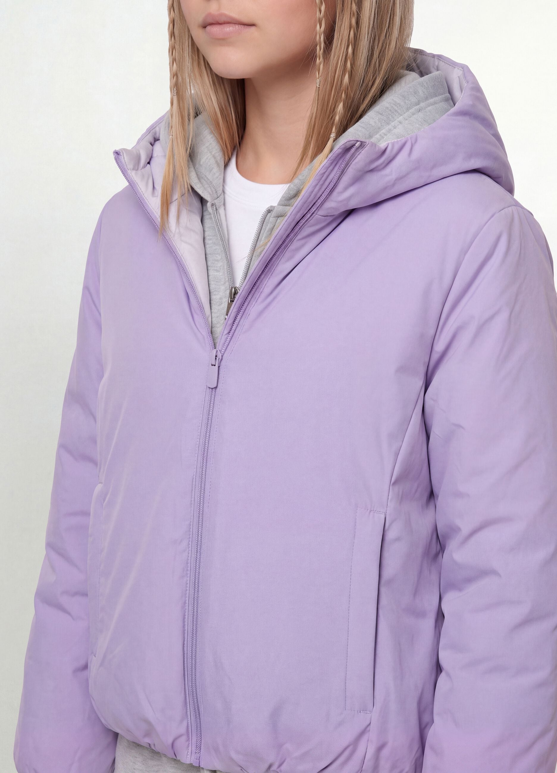 Casaco ultralight roxo revers&iacute;vel com capuz e fecho de correr para menina