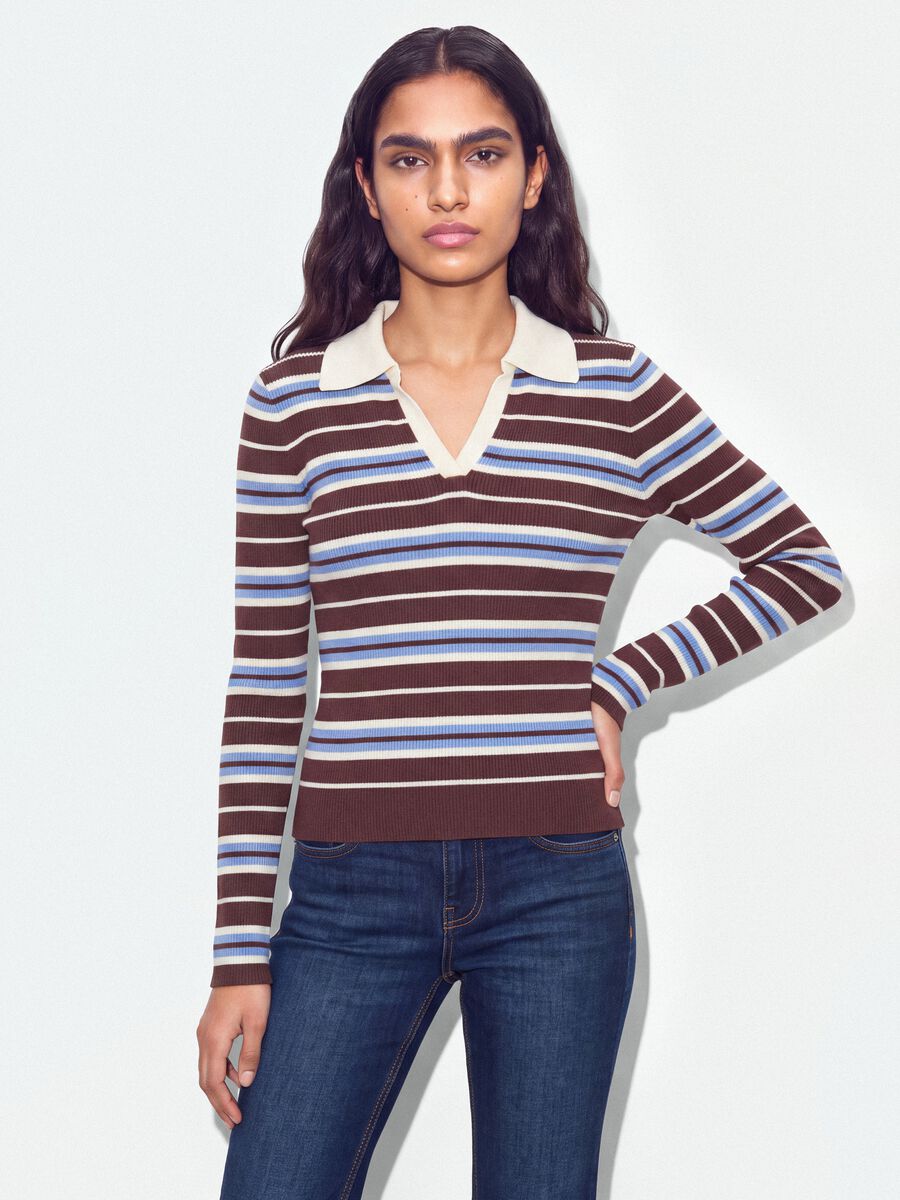 Multicolour striped viscose-blend fitted polo-collar knit top_0