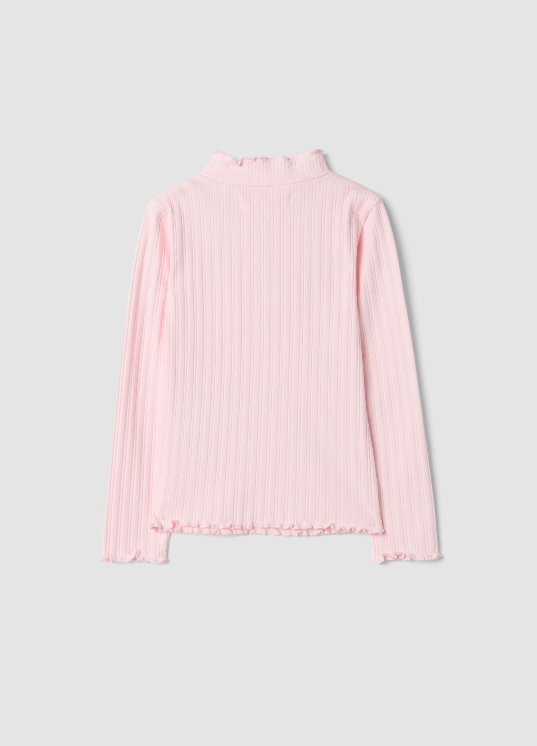 T-shirt rosa in cotone elasticizzato a collo rialzato con ricami decorativi