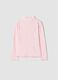 T-shirt rosa in cotone elasticizzato a collo rialzato con ricami decorativi_1