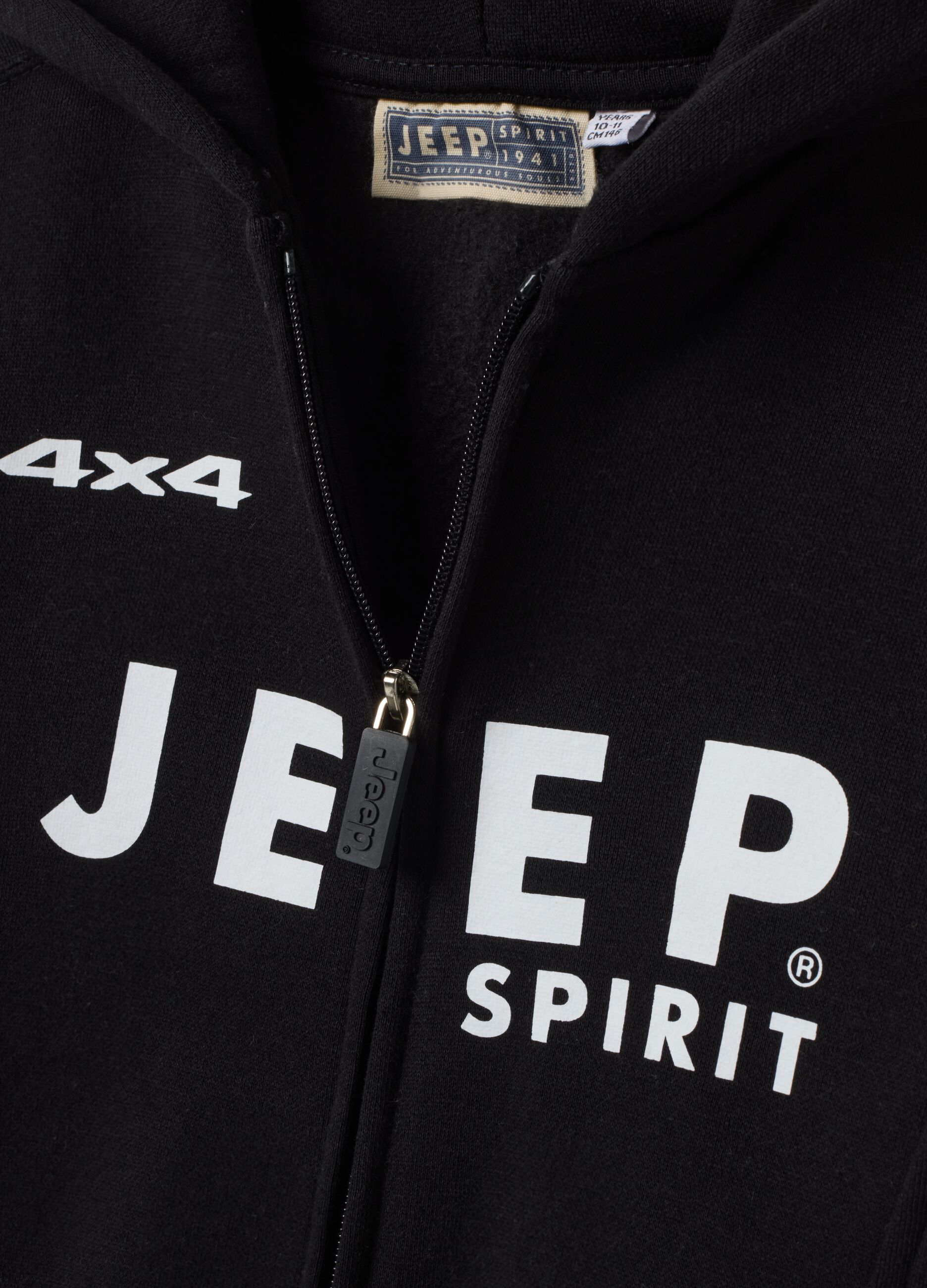 Black cotton-blend hoodie with Jeep print