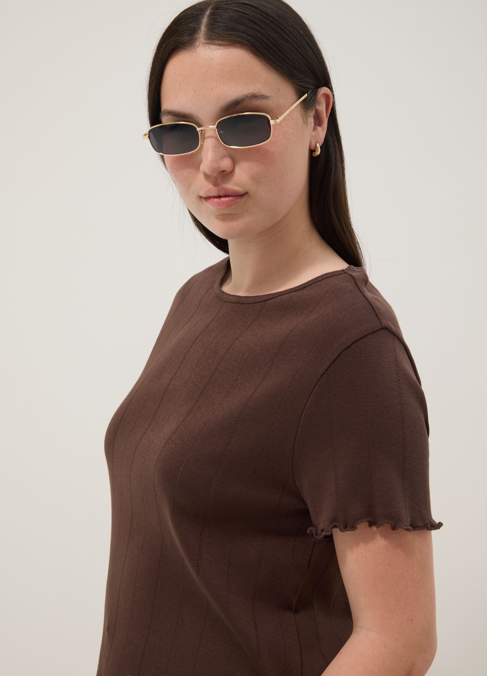 Brown striped pure cotton regular-fit T-shirt