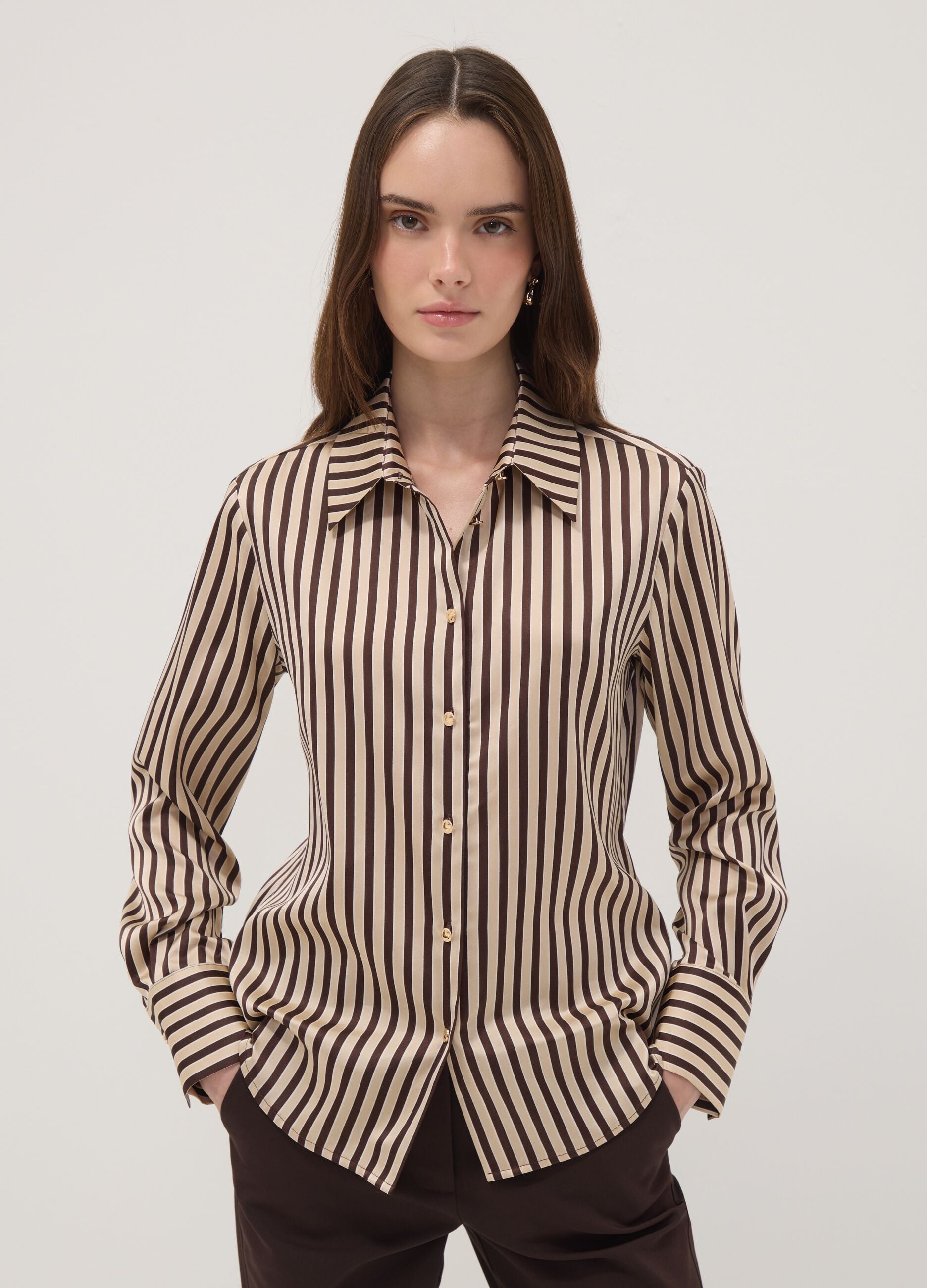 Yellow shirt with brown stripes in stretch fabric
