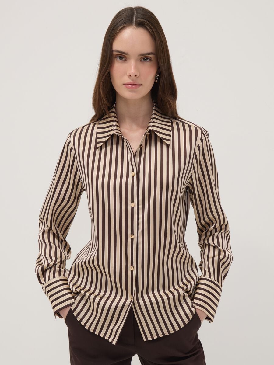 Yellow shirt with brown stripes in stretch fabric_0