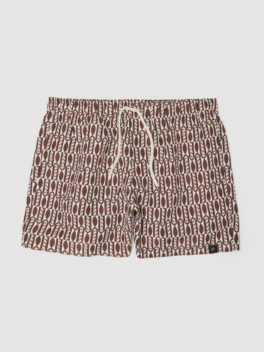 Brown geometric-print swim shorts_4