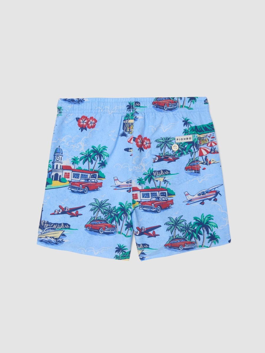 Blue tropical-print swim shorts_1