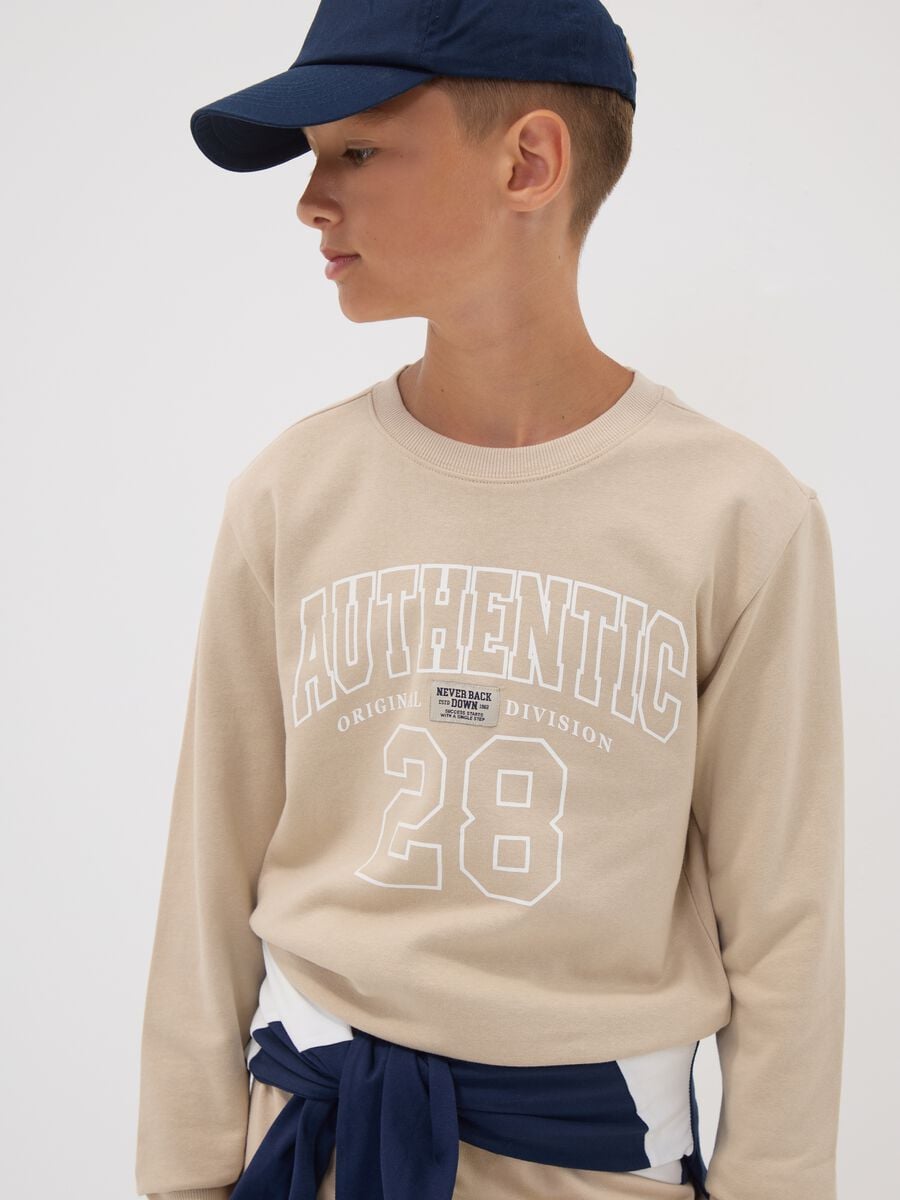Beige pure organic cotton crew-neck sweatshirt with print for boys_0