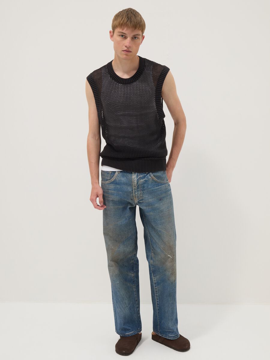 Black pure cotton mesh sleeveless top, oversized fit_2