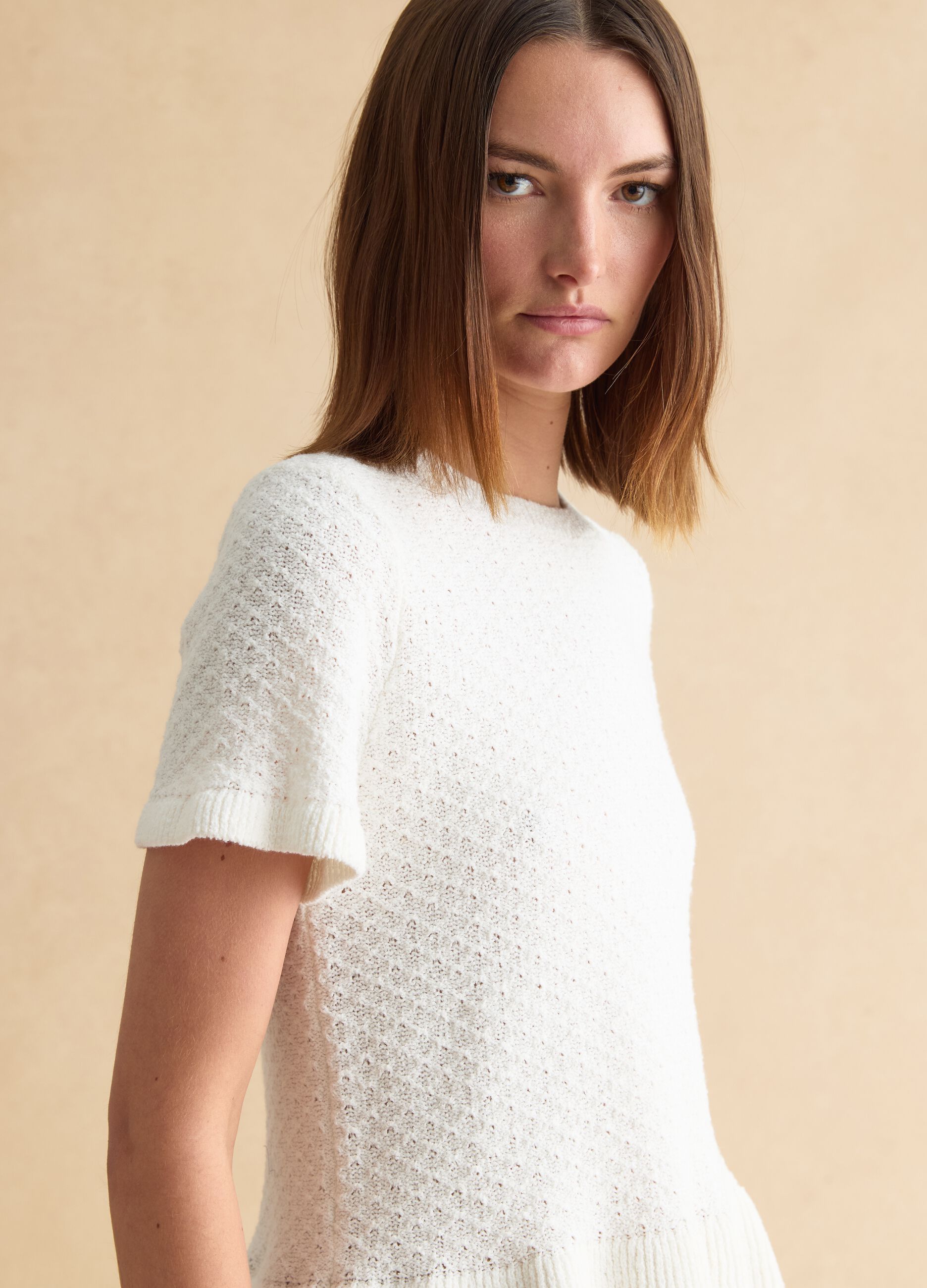 Slim Fit White Cotton Blend Crew Neck Sweater