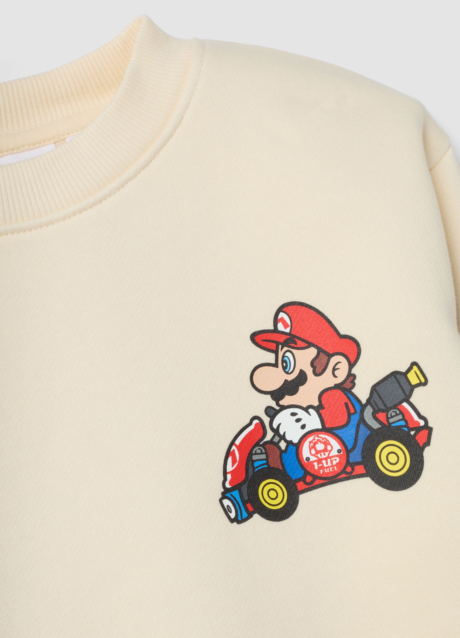 Beige cotton-blend crew-neck sweatshirt with Mario Kart print, oversized fit