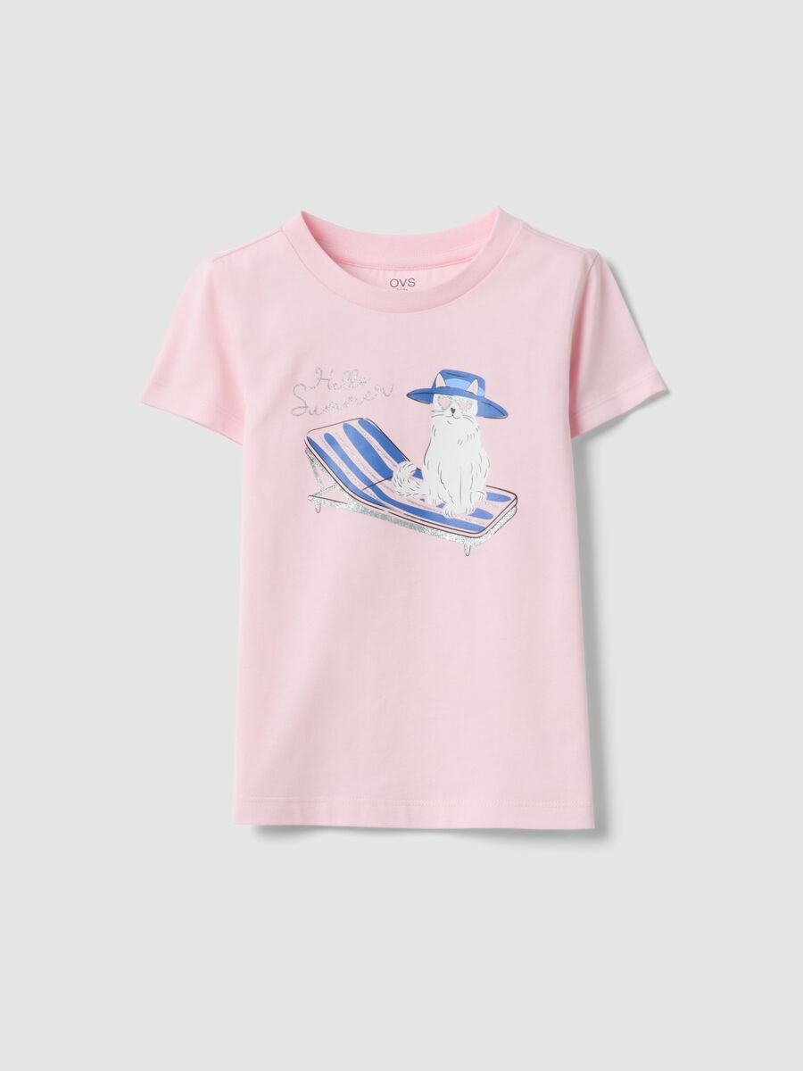 Girls&rsquo; pink organic cotton T-shirt with print and glitter_0