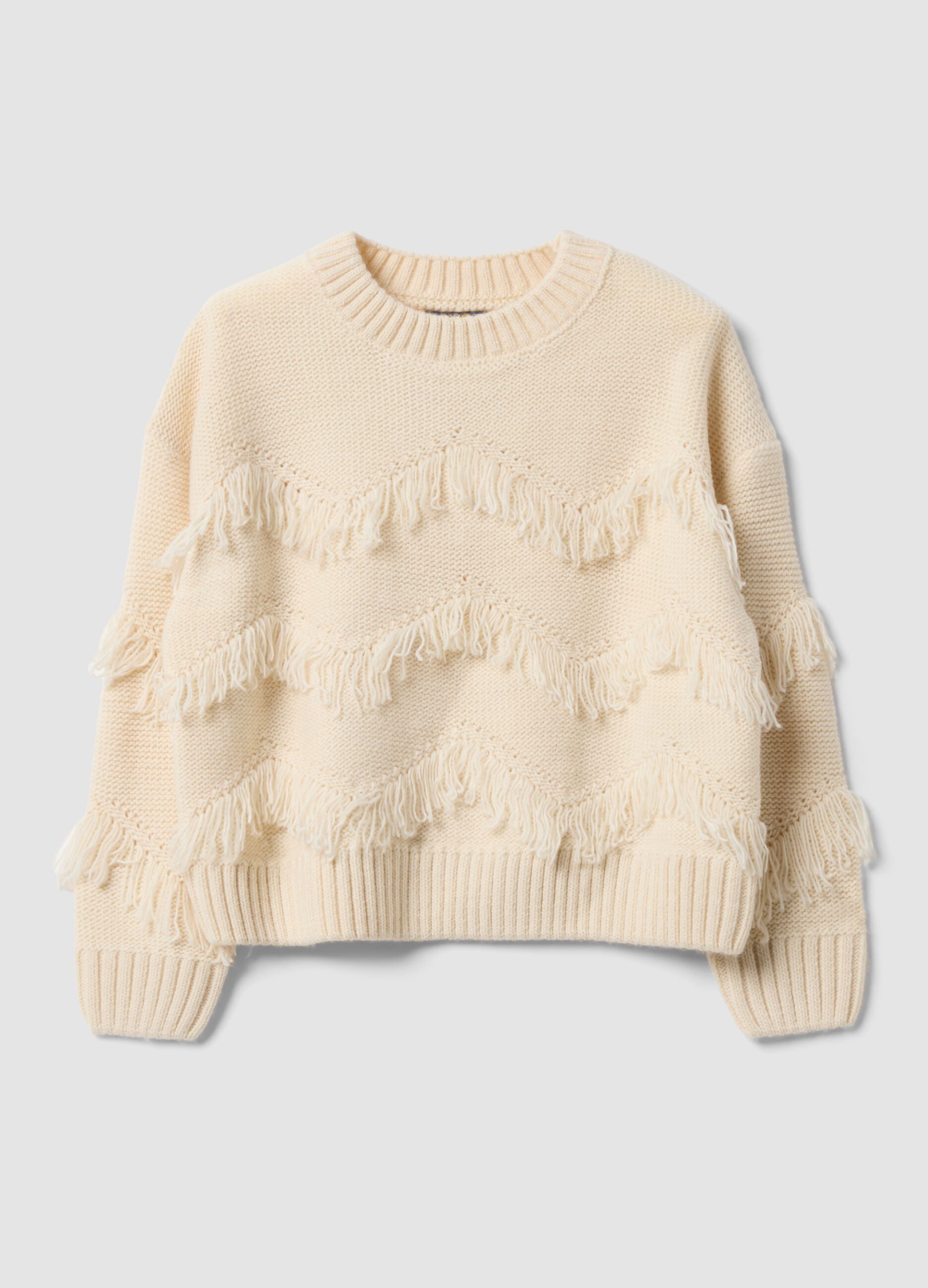 Beiger Strickpullover mit Fransen und Rundhalsausschnitt f&uuml;r M&auml;dchen