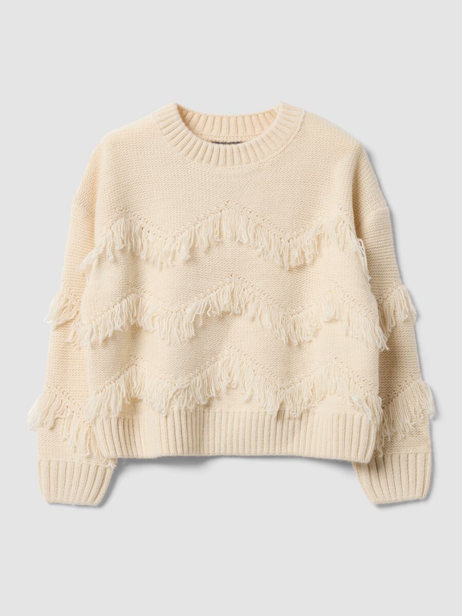 Beiger Strickpullover mit Fransen und Rundhalsausschnitt f&uuml;r M&auml;dchen_0