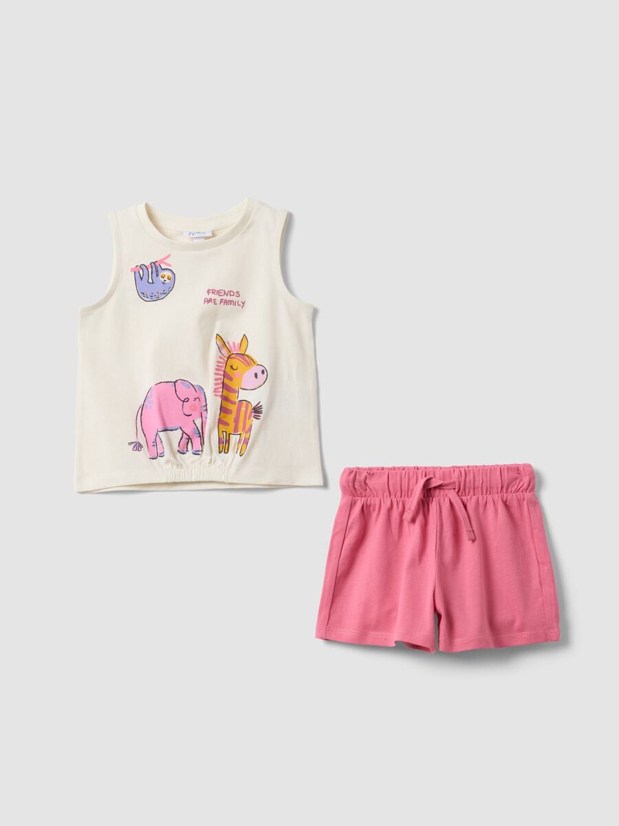 Pink and white pure cotton set with top and shorts_0