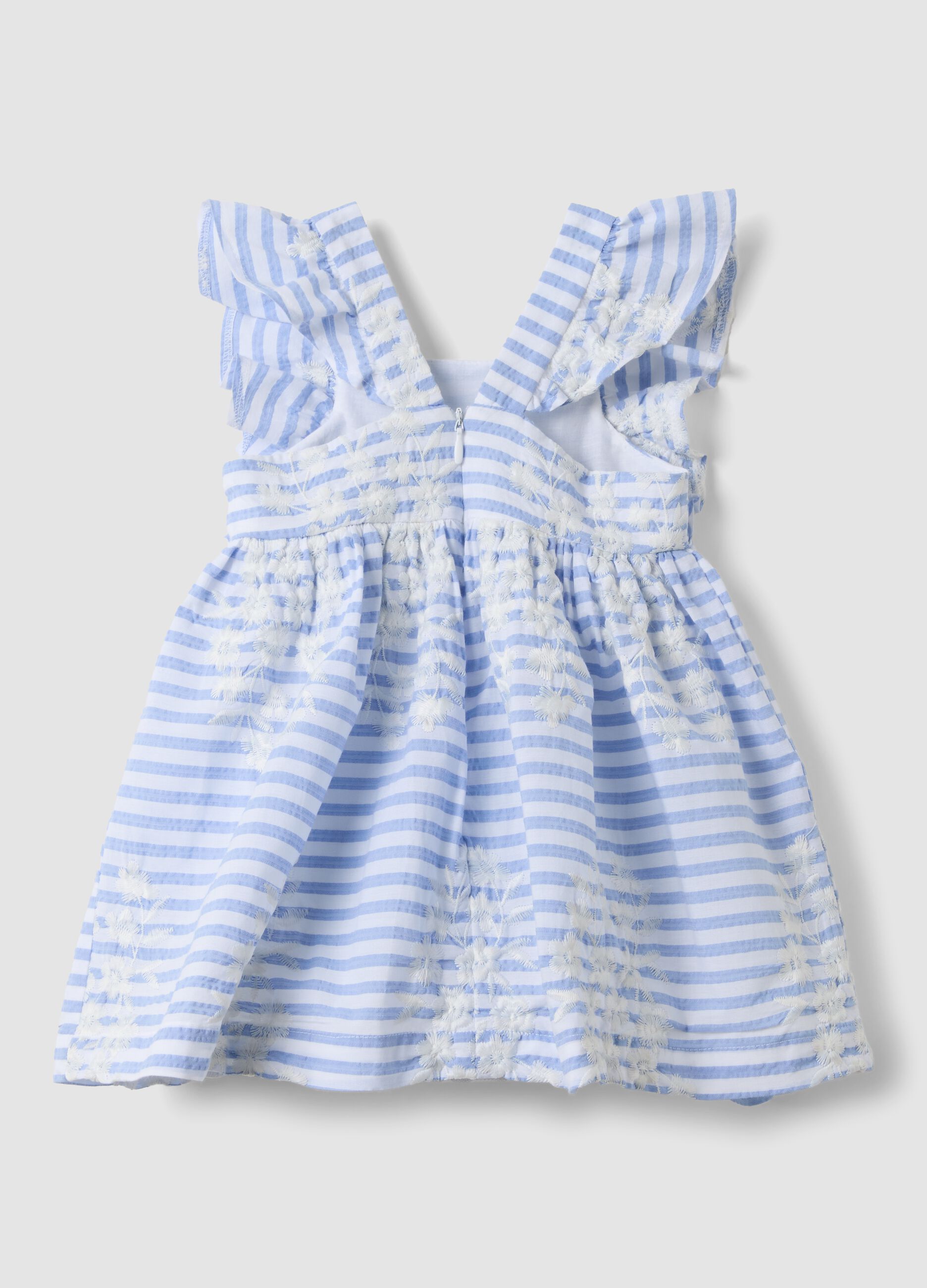 Multicoloured striped pure cotton dress with ruffles for baby girls, wide fit