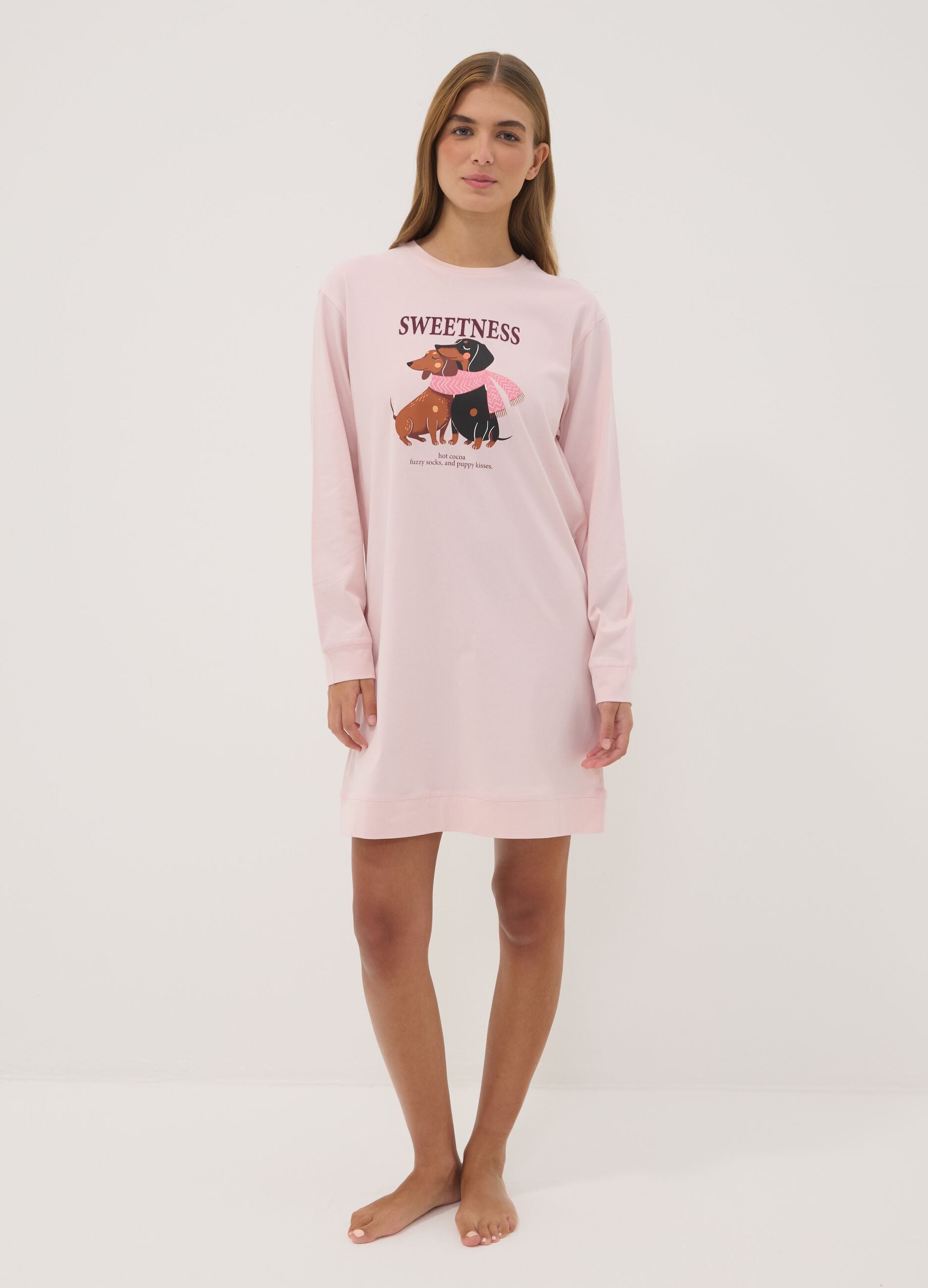 Camisa de noite rosa em algod&atilde;o org&acirc;nico com decote redondo