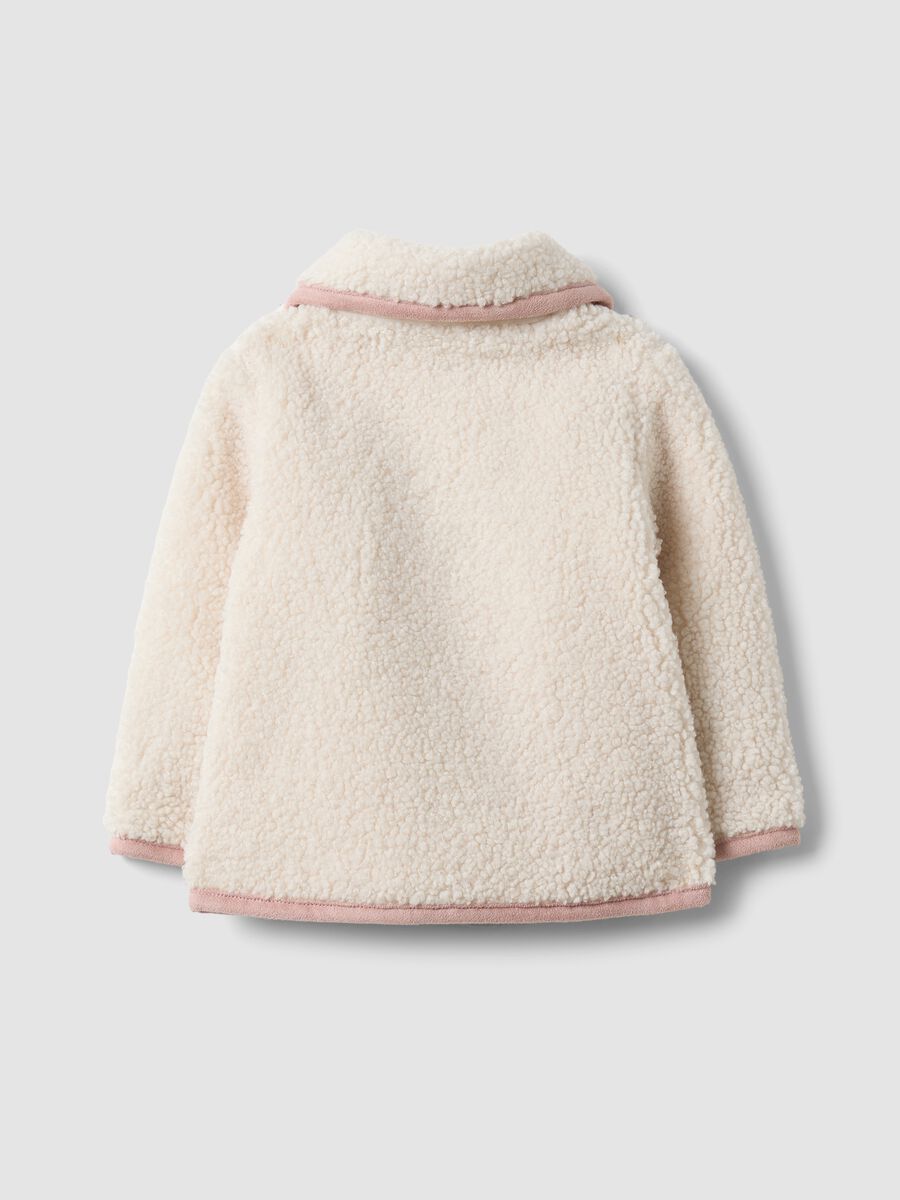 Beige padded teddy-effect jacket with collar and pink trim_1