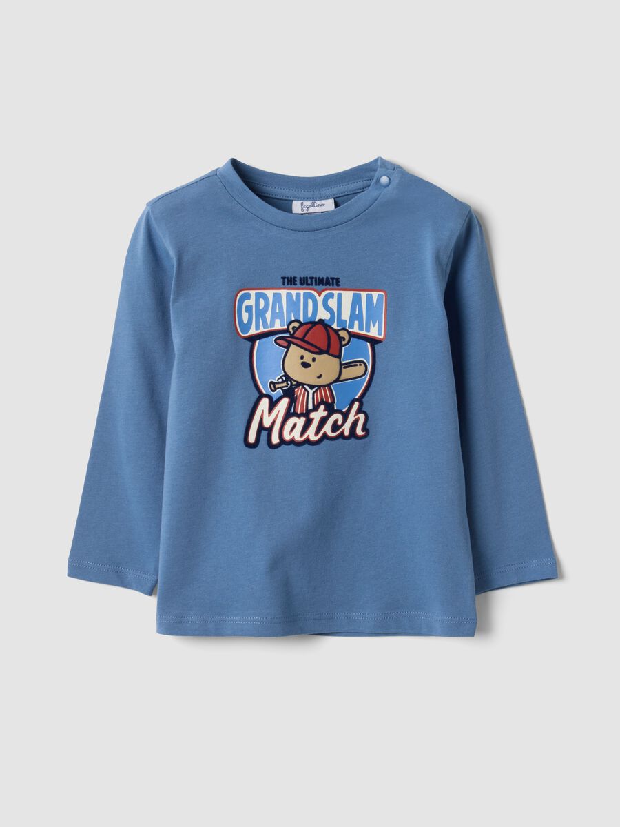 Blue organic cotton T-shirt with teddy bear print_0