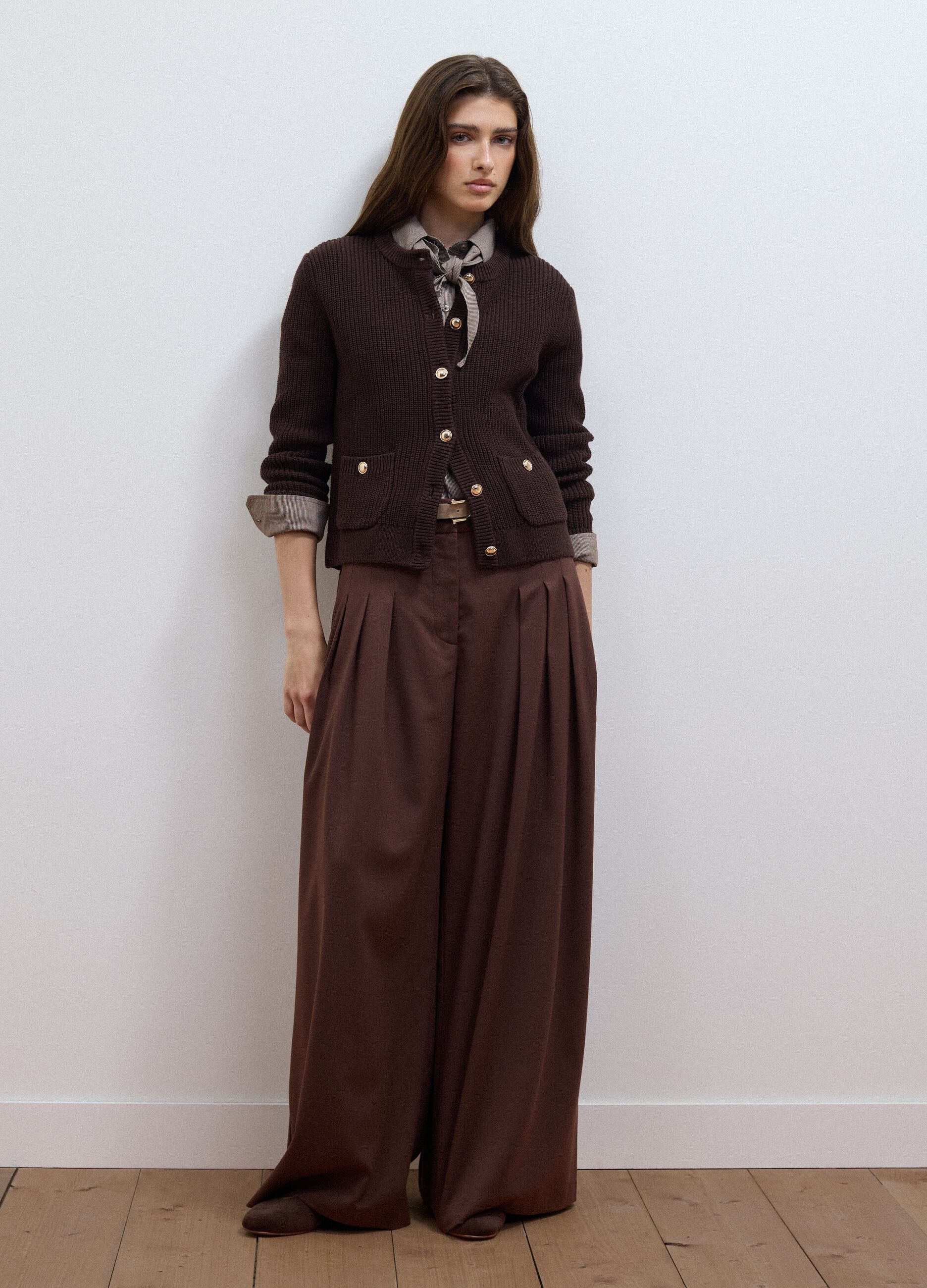 Brown pure cotton crew-neck knit cardigan