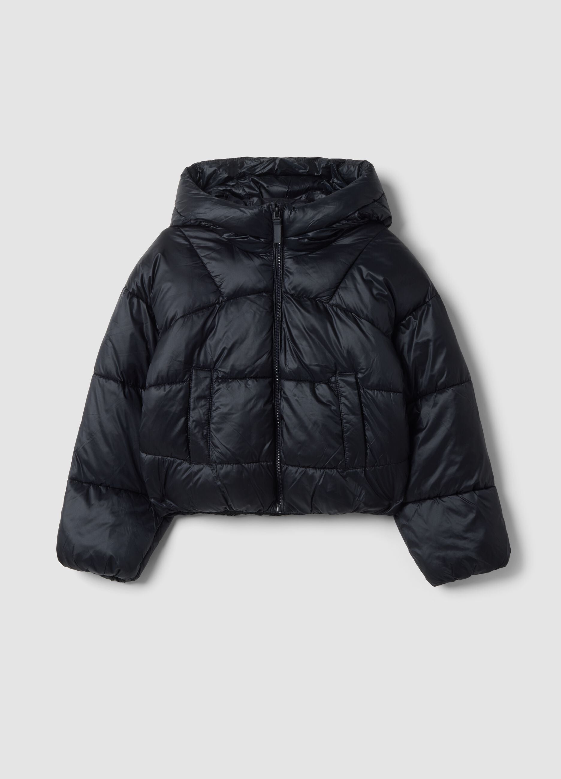 Black padded jacket with hood and zip