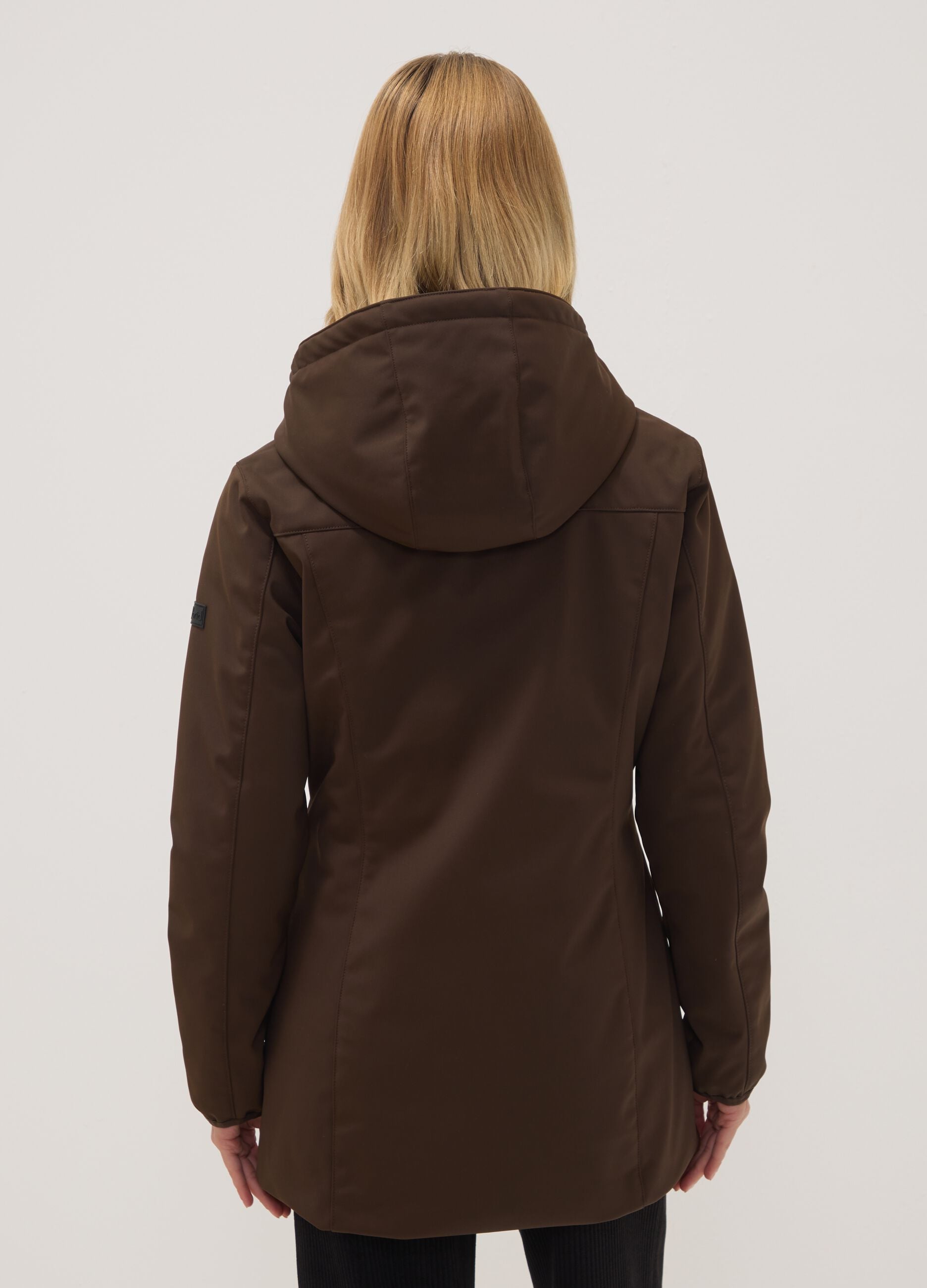 Brown stretch-fabric parka with hood, regular fit