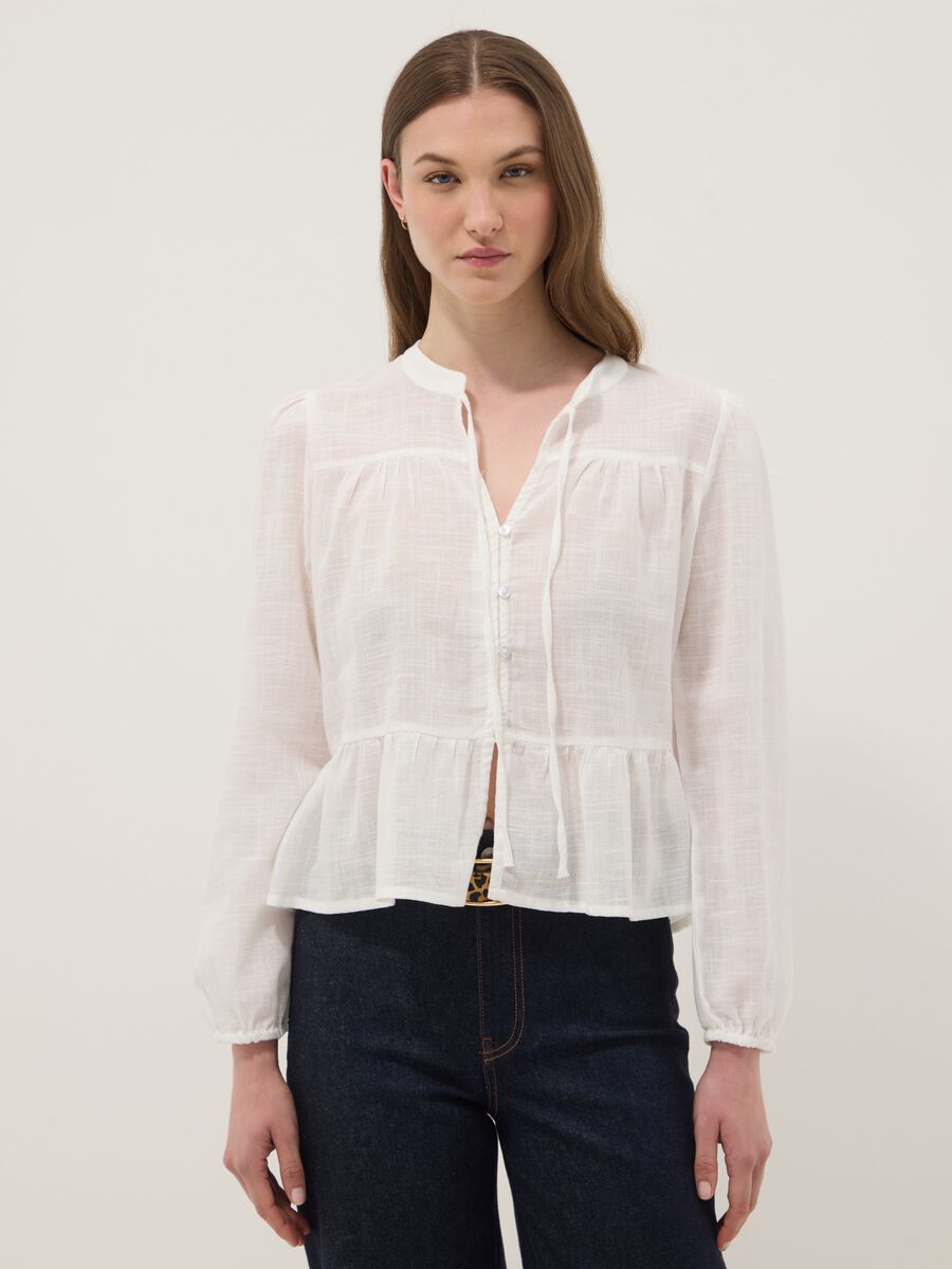 White pure cotton tie-front shirt, regular fit_0