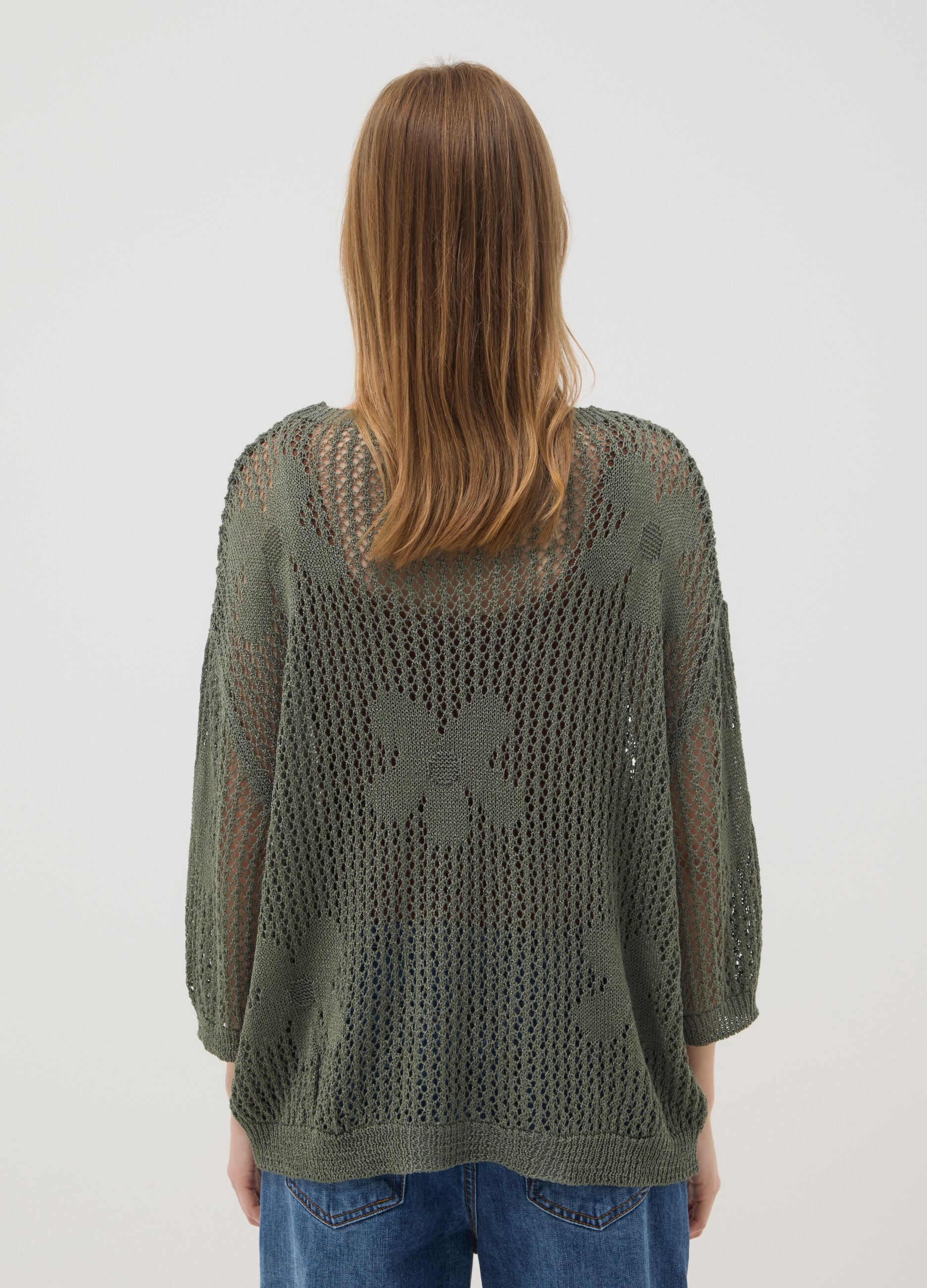Green open-knit floral regular-fit top