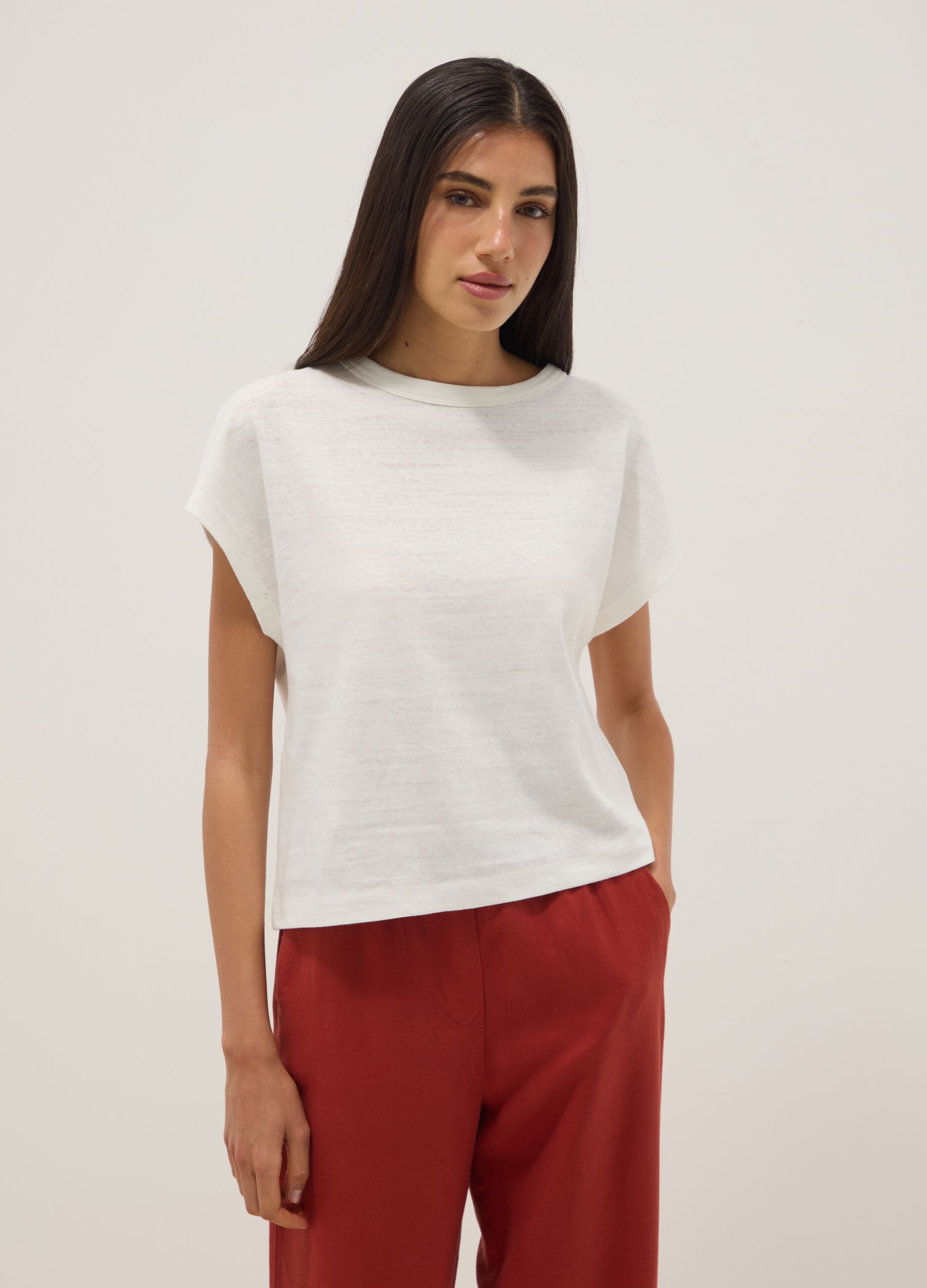 Wei&szlig;es Kurzarm-T-Shirt aus Baumwoll-Leinen-Mix, Regular Fit