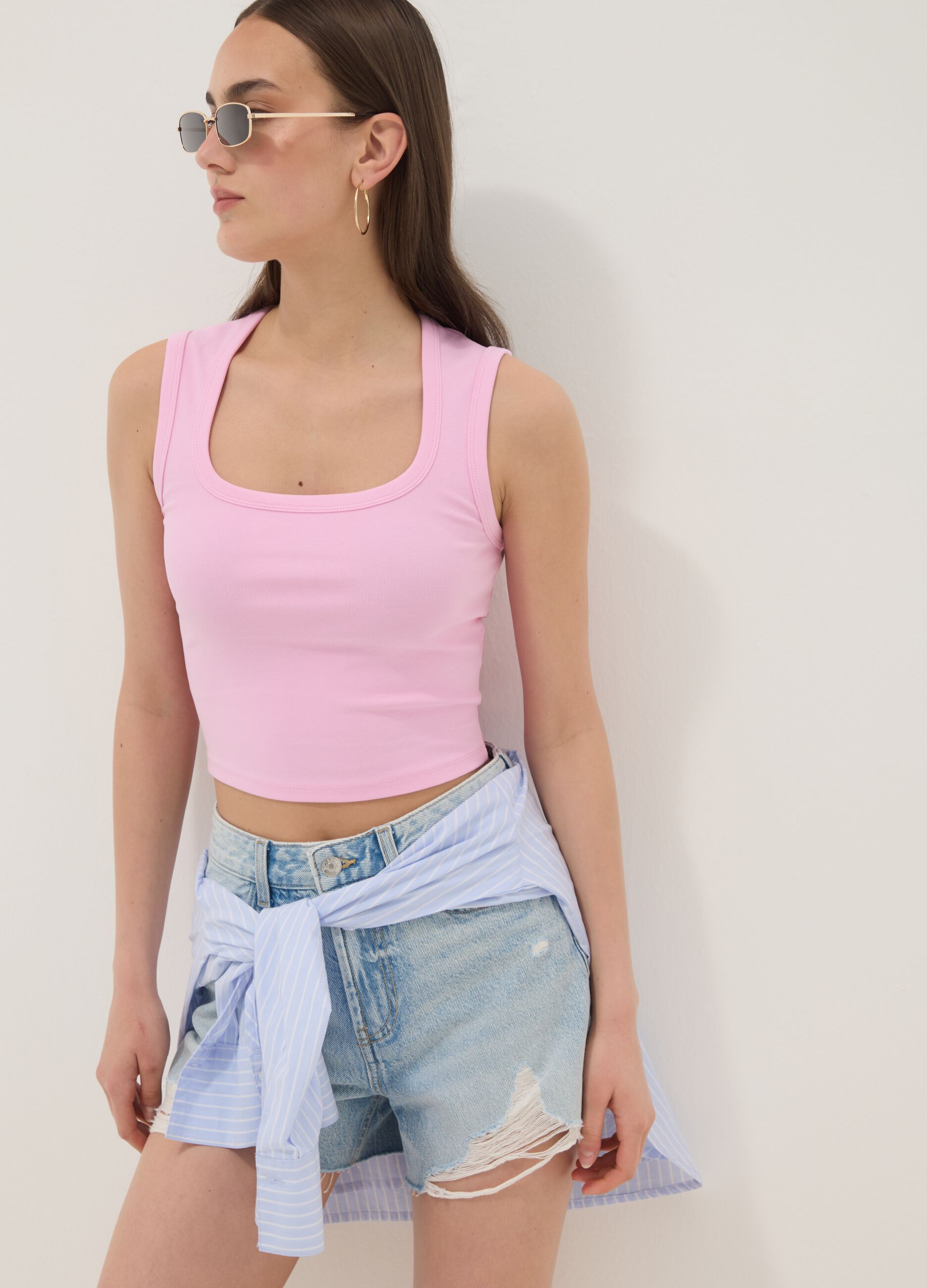 Pink cropped stretch-cotton tank top