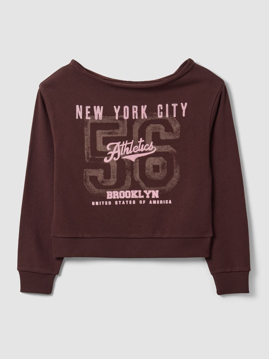 Brown cotton-blend sweatshirt with wide neckline, regular fit_0