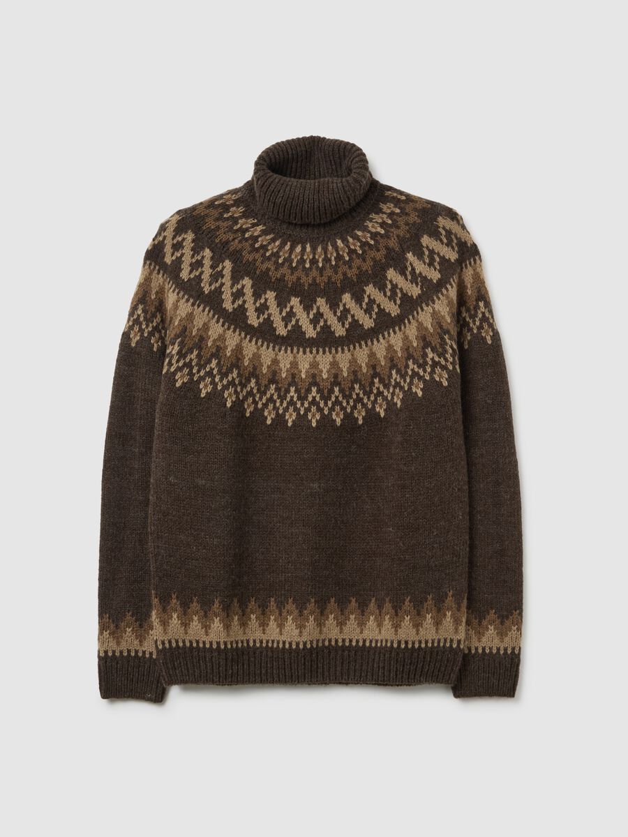 Regular fit brown turtleneck jumper with jacquard pattern_4