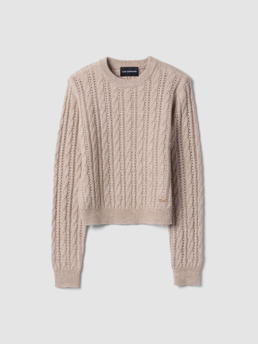 Beige cable-knit wool-blend crew-neck jumper, regular fit_0