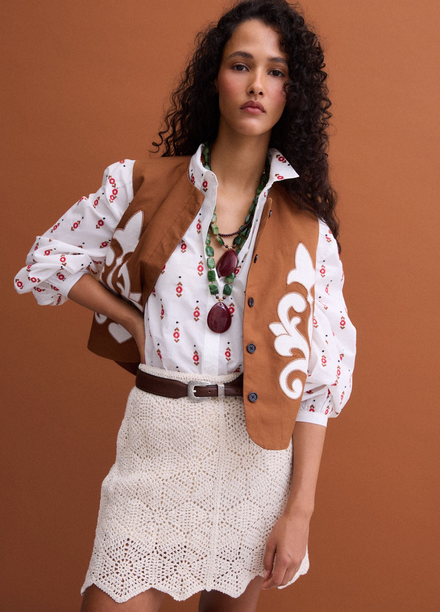 Brown linen and lyocell-blend gilet with applied embroidery