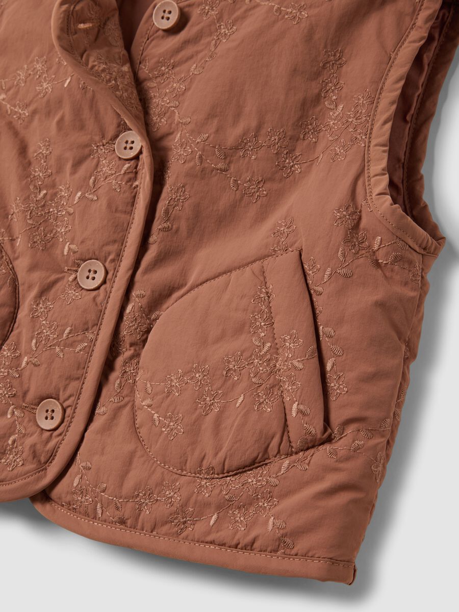 Brown padded gilet with floral embroidery_3