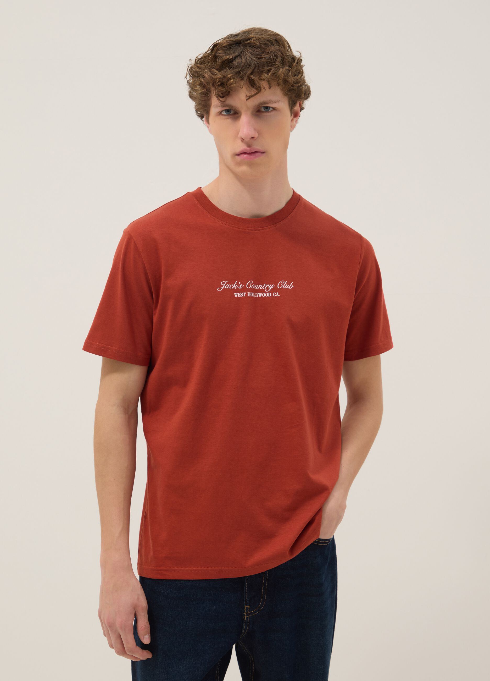 Rotes T-Shirt mit Schriftzug aus reiner Baumwolle, Regular Fit