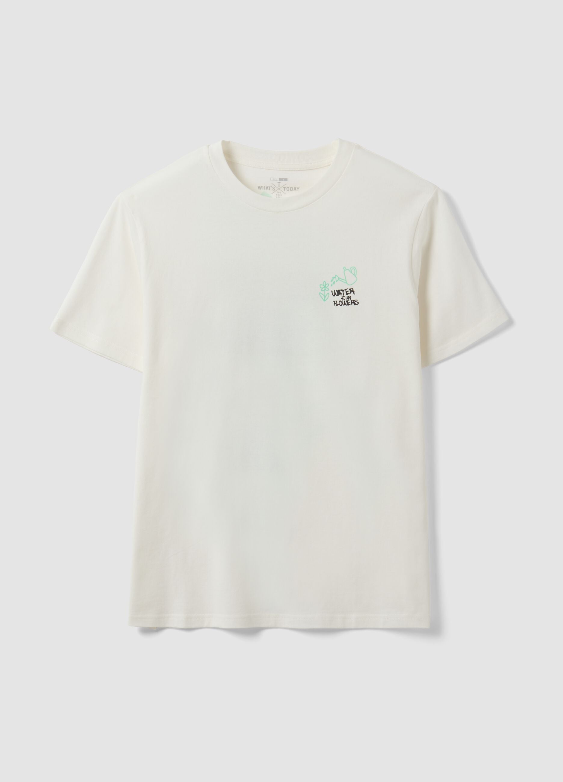 T-shirt branca em jersey 100% algod&atilde;o com estampado "Water your Flowers", corte regular