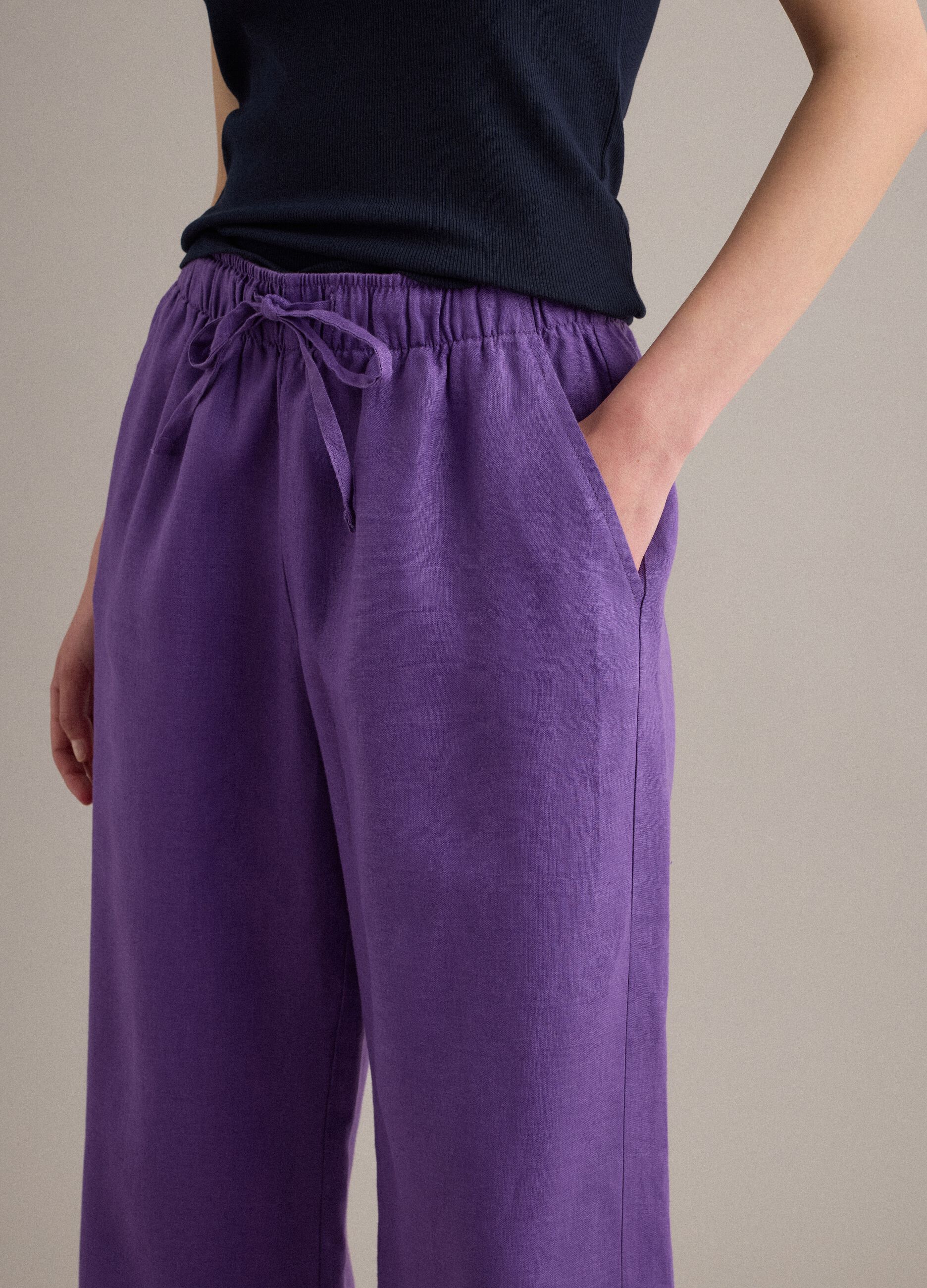 Purple pure linen straight-fit drawstring trousers