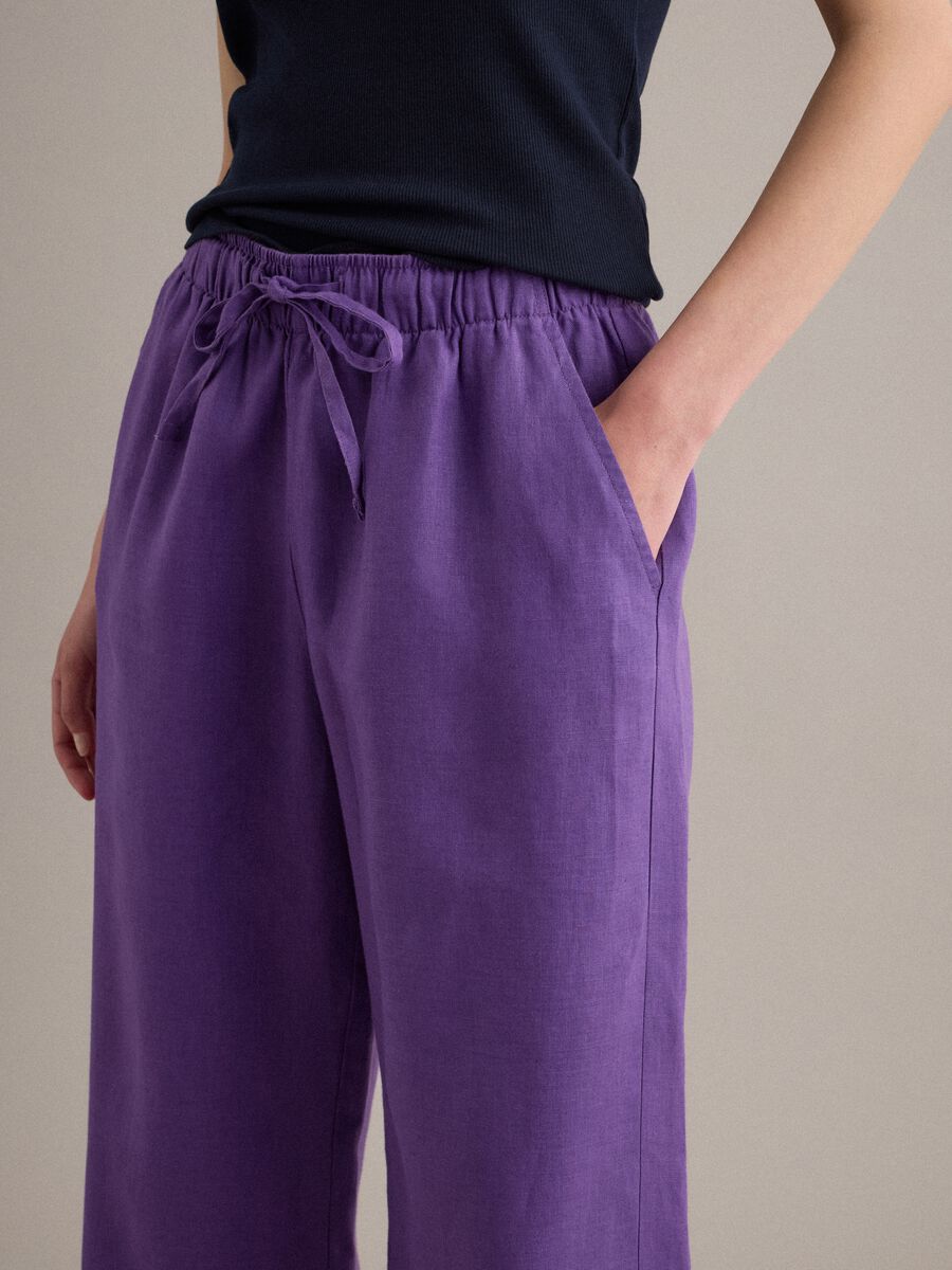 Purple pure linen straight-fit drawstring trousers_4