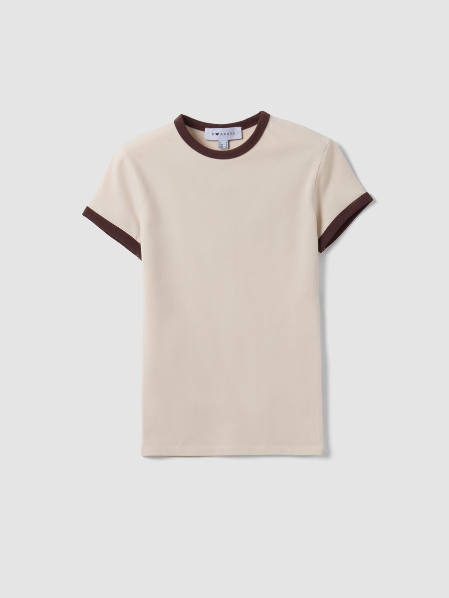 Beige fitted stretch cotton T-shirt with contrast trims_4