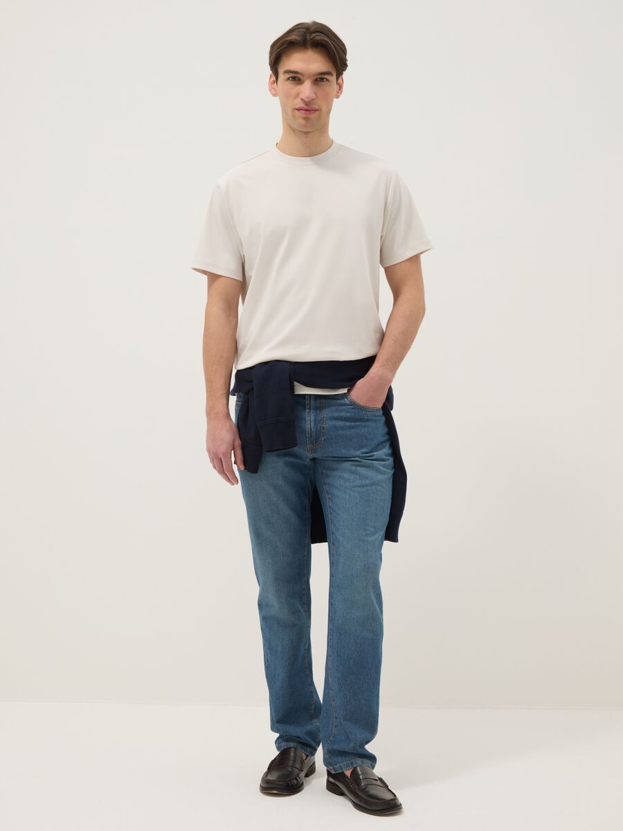 T-shirt bege de gola redonda em puro algod&atilde;o regular fit_1