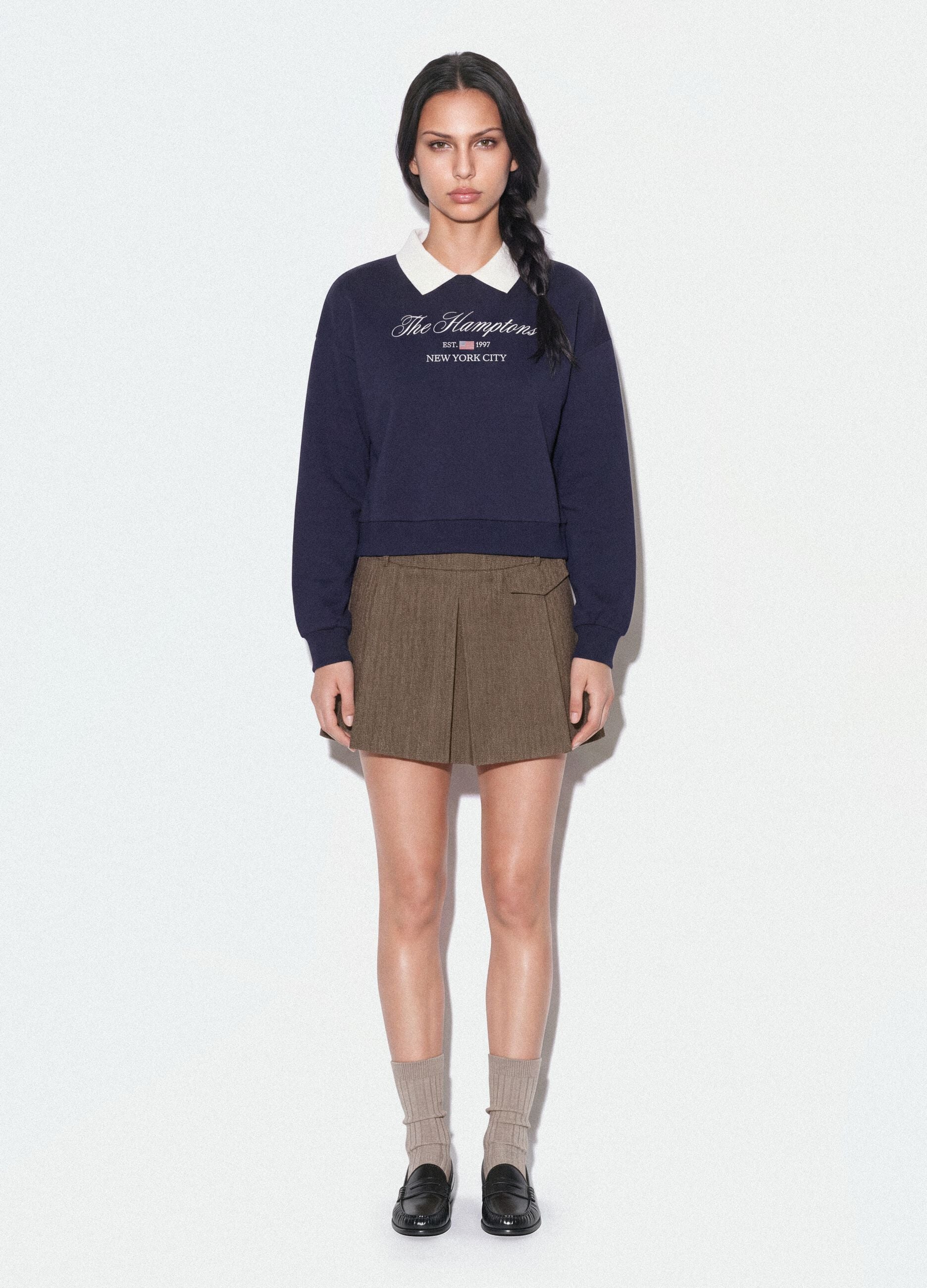 Blue cotton-blend sweatshirt with crew neck and contrast collar